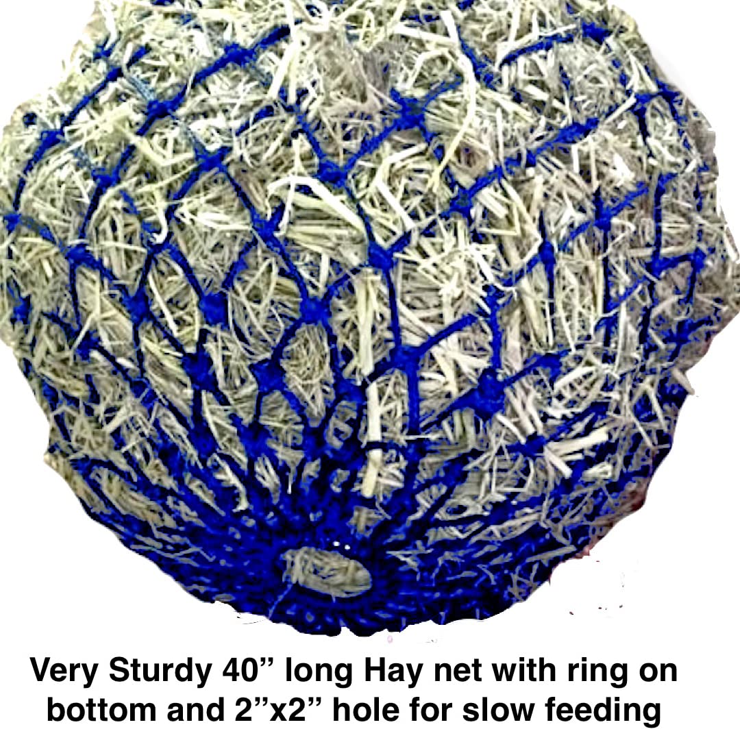 Majestic Ally 2x2 Inch Slow Feed Hay Net - 40 Inch Heavy Duty Nylon Monofilament Rope with Bottom Ring - Adjustable Horse Feeder for Stall, Trailer & Travel - Royal Blue - Perfect for Picky Eaters & Portability