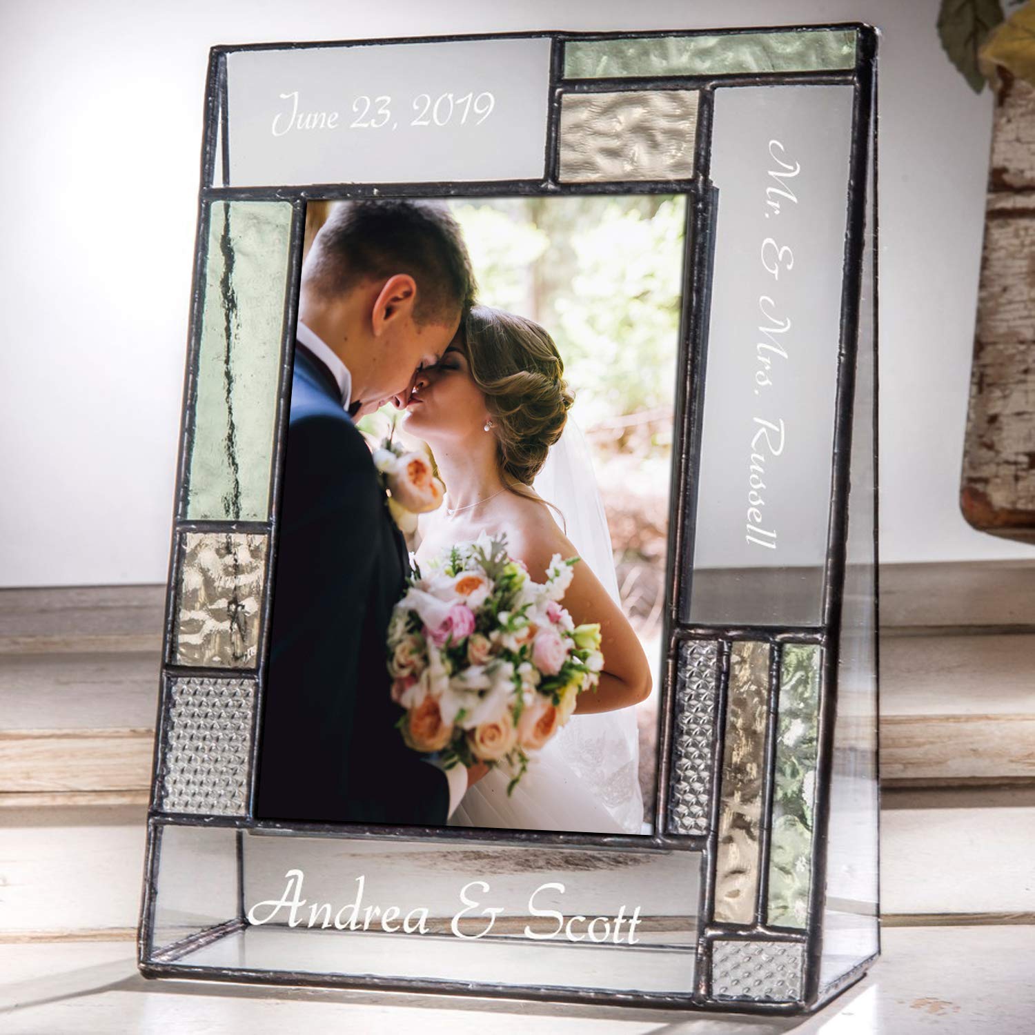 Personalized Wedding Picture Frame - Green Yellow Glass Table Top Photo Keepsake for Couples | Perfect for Engagement & Anniversary Gifts