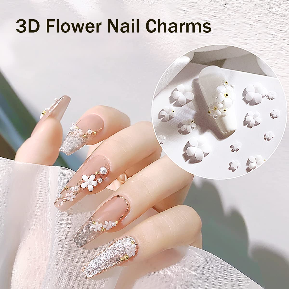 3D Flower Nail Charms & Metal Caviar Beads Set - Acrylic Resin Floral Nail Art Decorations with Gold Silver Ball Beads for DIY Nail Design | Perfect for Manicures, Nail Extensions & Creative Nail Art Projects
