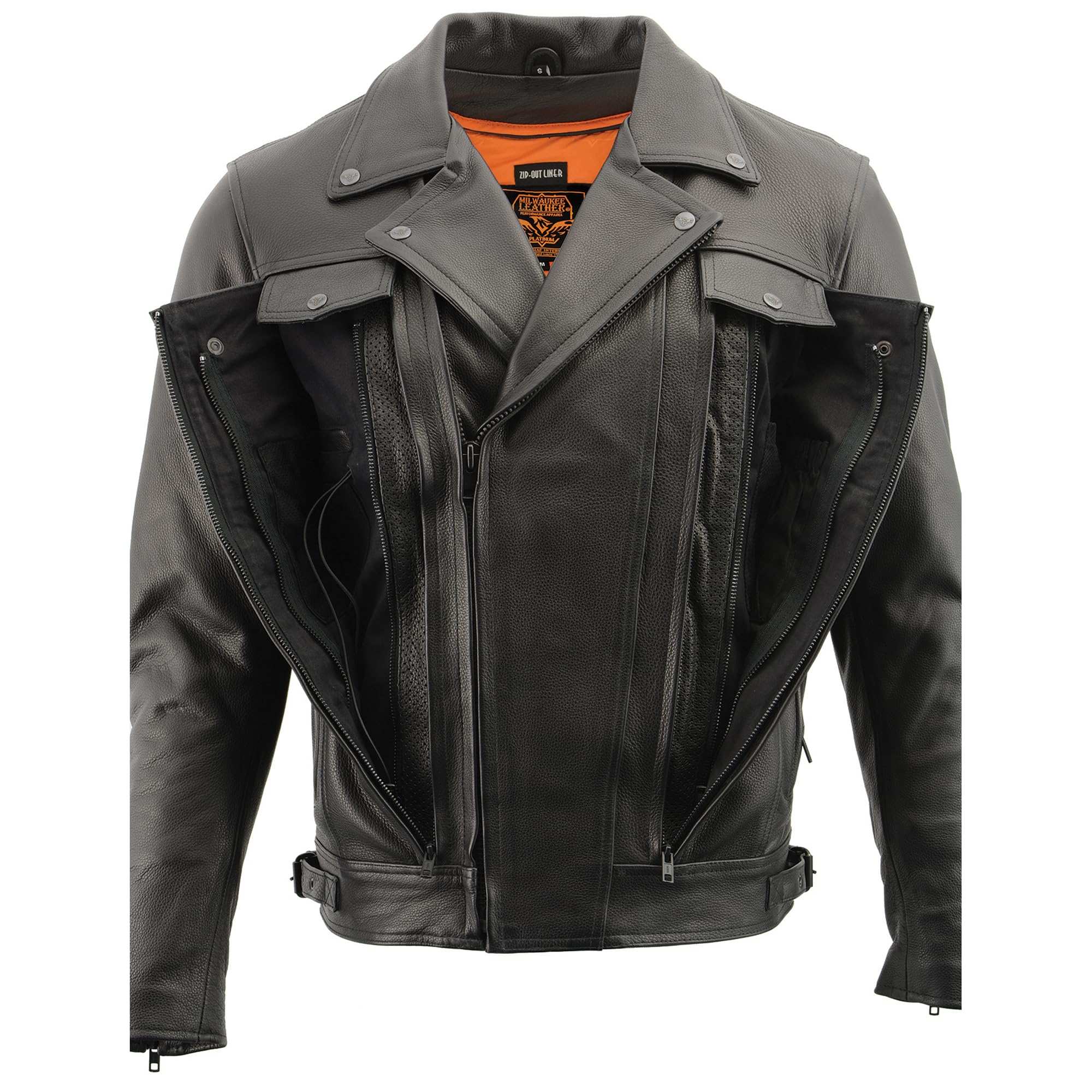 Milwaukee LKM1760 Men's Black Leather Motorcycle Jacket with Utility Pockets - Durable Riding Gear for Bikers & Cruisers