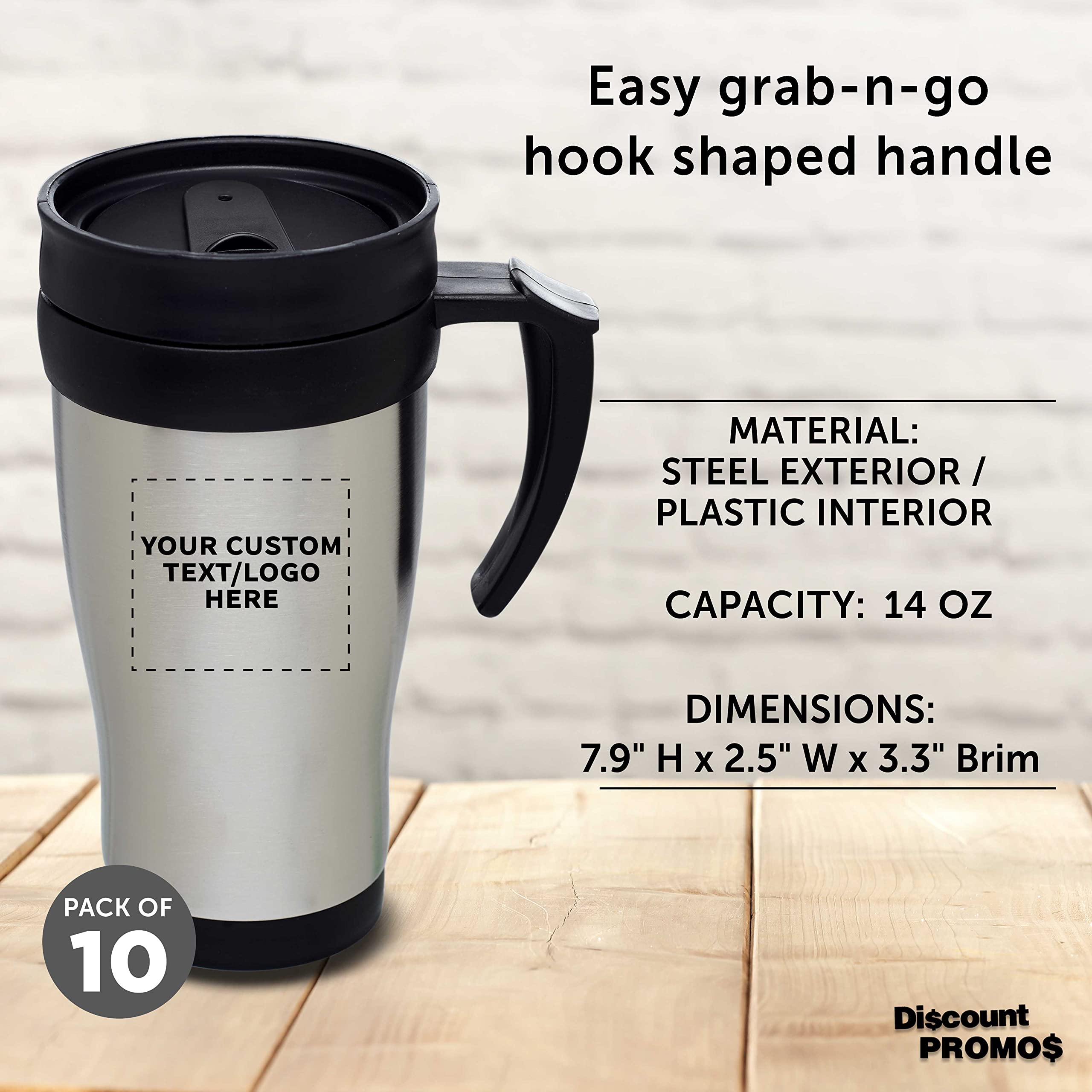 Custom 14 oz Stainless Steel Travel Mugs with Handle - Bulk Pack of 10 Personalized Drinkware - Insulated for Hot Coffee & Iced Beverages - Silver - Perfect for Office, Camping, Travel & Gifts