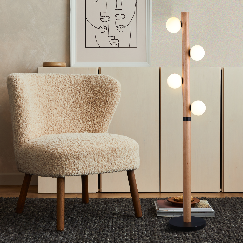 Black and Wood Floor Lamp with Metal Base - Modern Standing Light for Living Room, Bedroom & Office - Adjustable Height & Warm Ambient Lighting