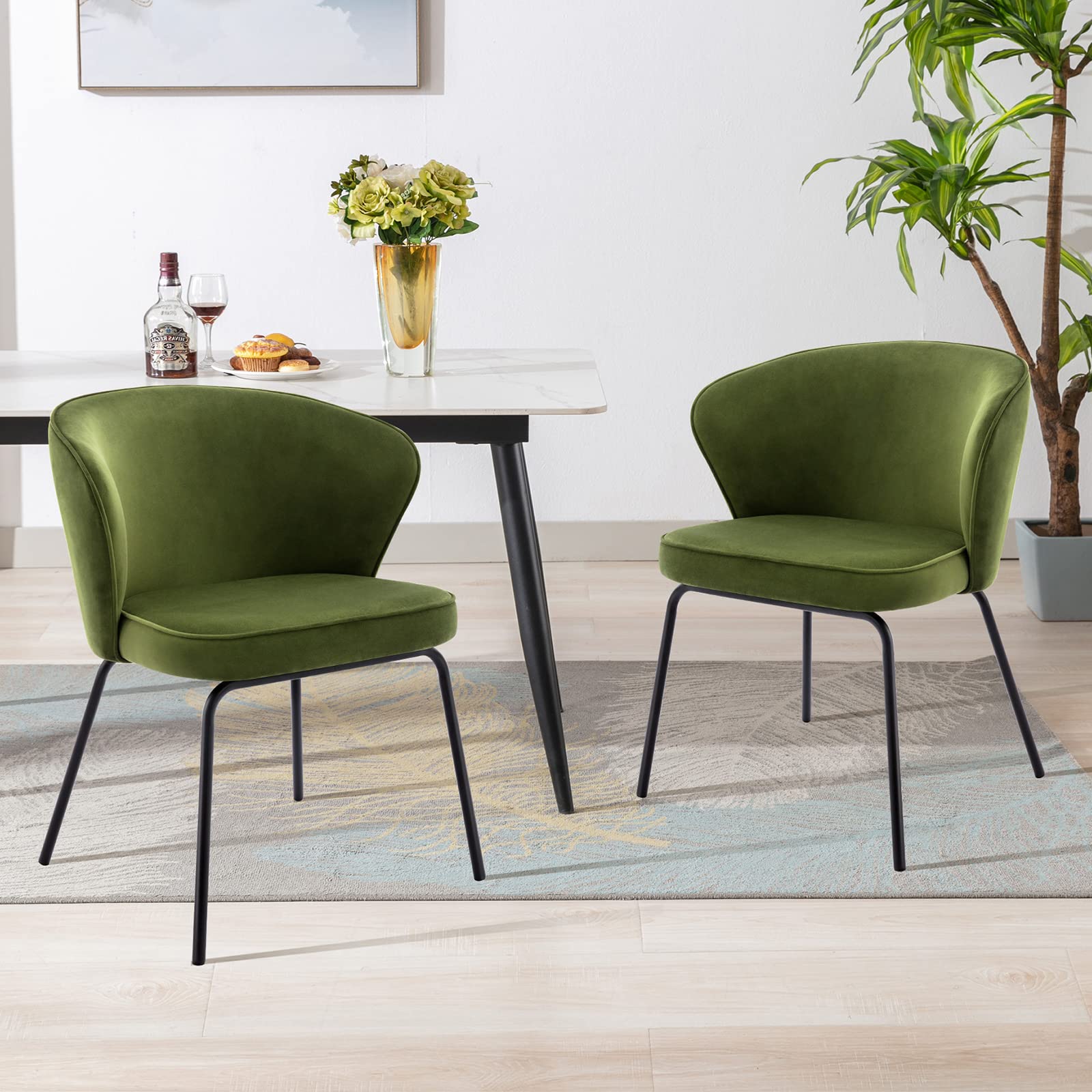 Zesthouse Modern Dining Chairs Set of 2 - Upholstered Velvet Kitchen Chairs with Curved Wingback & Sturdy Metal Legs, Olive Green - Perfect for Dining Room, Kitchen, Living Room & Small Space Decor