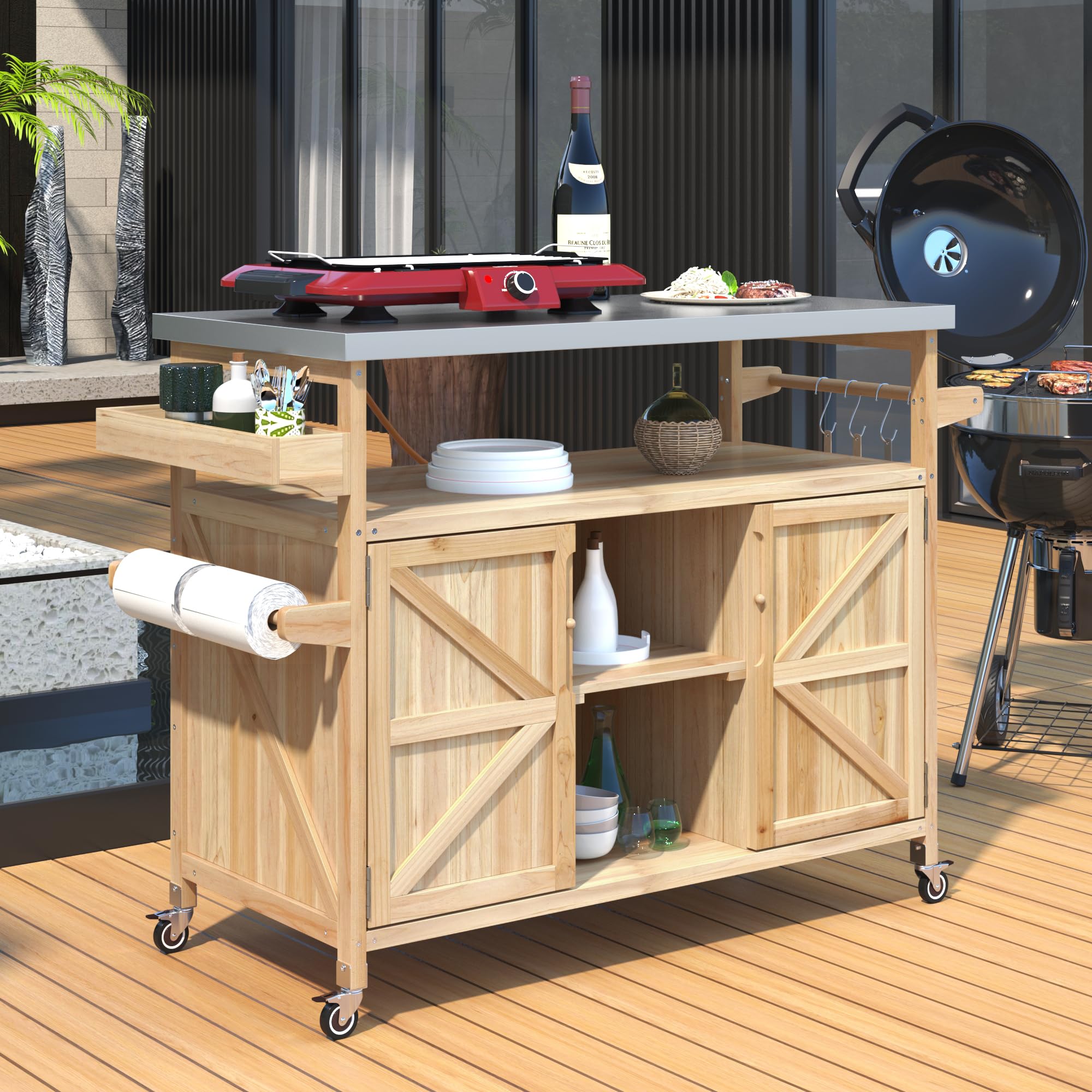 Premium Outdoor Kitchen Island with Wheels - Farmhouse Style Solid Wood BBQ Grill Cart with Stainless Steel Top, Storage Cabinet, Spice Rack & Towel Hooks - Perfect for Backyard Cooking, Patio Entertaining & Outdoor Dining (Natural Wood Finish)