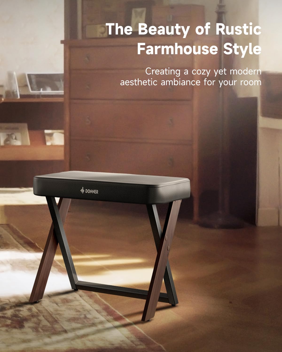 Donner DKB-300 Adjustable Piano Bench with Thick Padding - Sturdy Metal Keyboard Stool Chair with Comfortable Cushion in Walnut Wood Finish - Perfect for Home, Studio & Music Practice Sessions