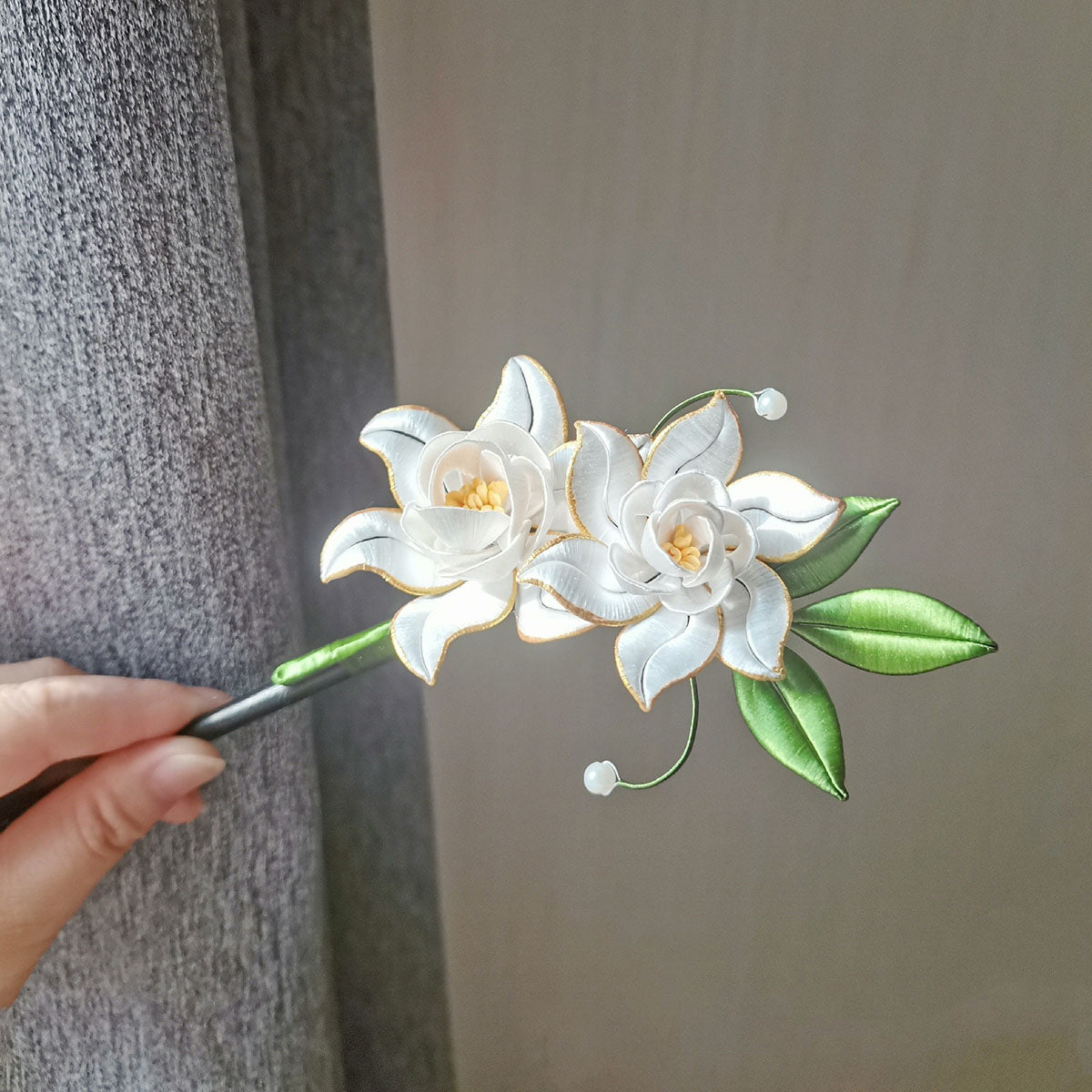 Elegant Gardenia Silk Hairpin - Handcrafted Floral Hair Clip for Women | Perfect for Weddings, Parties & Special Occasions