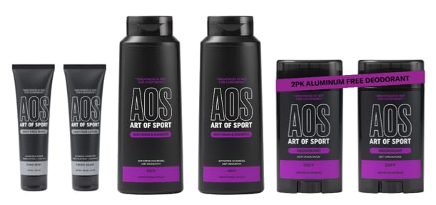 Art of Sport Men's Skincare Bundle - Daily Face Wash & Lotion (4oz) + 2-in-1 Charcoal Body Wash & Shampoo + Deodorant - Defy Sweat & Odor - Perfect for Gym, Workout & Active Lifestyle