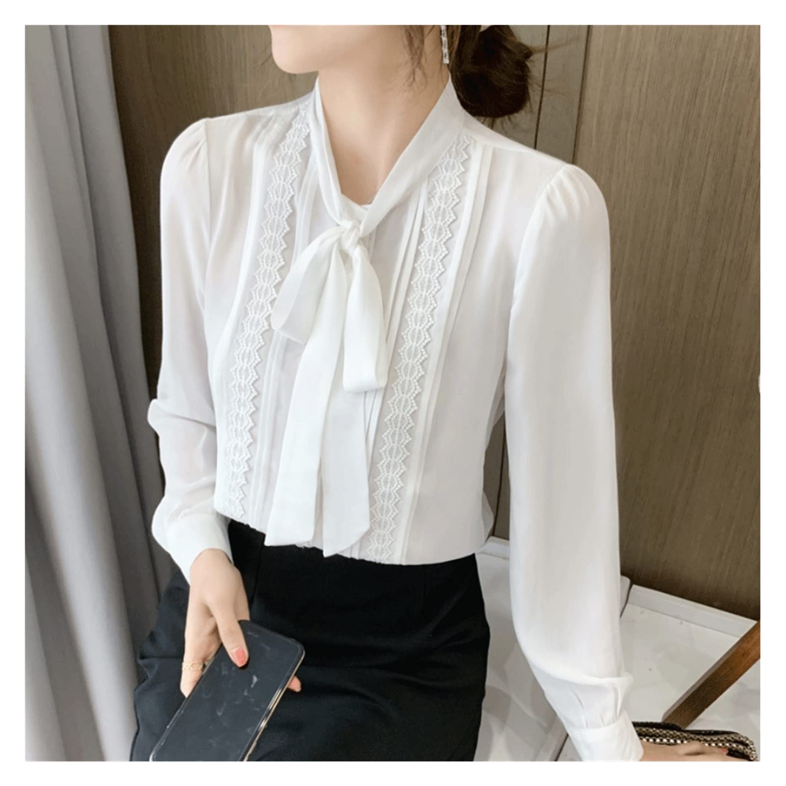 MJWDP Women's Spring Long Sleeve Chiffon Blouse - Elegant V-Neck Bow Tops for Women (White, Size S) | Perfect for Office Wear, Date Night & Special Occasions