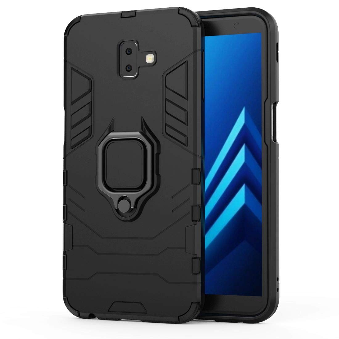 Shockproof Magnetic Ring Holder Phone Case for Samsung Galaxy J6+ - Durable PC+TPU Hybrid Protective Cover with Stylish Design (Black) | Perfect for Everyday Use, Travel & Hands-Free Viewing