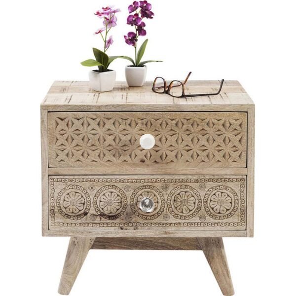 Hand Carved Two Door Nightstand in Natural Wood Finish - Solid Wood Bedside Table with Storage for Bedroom, Living Room & Guest Room Decor