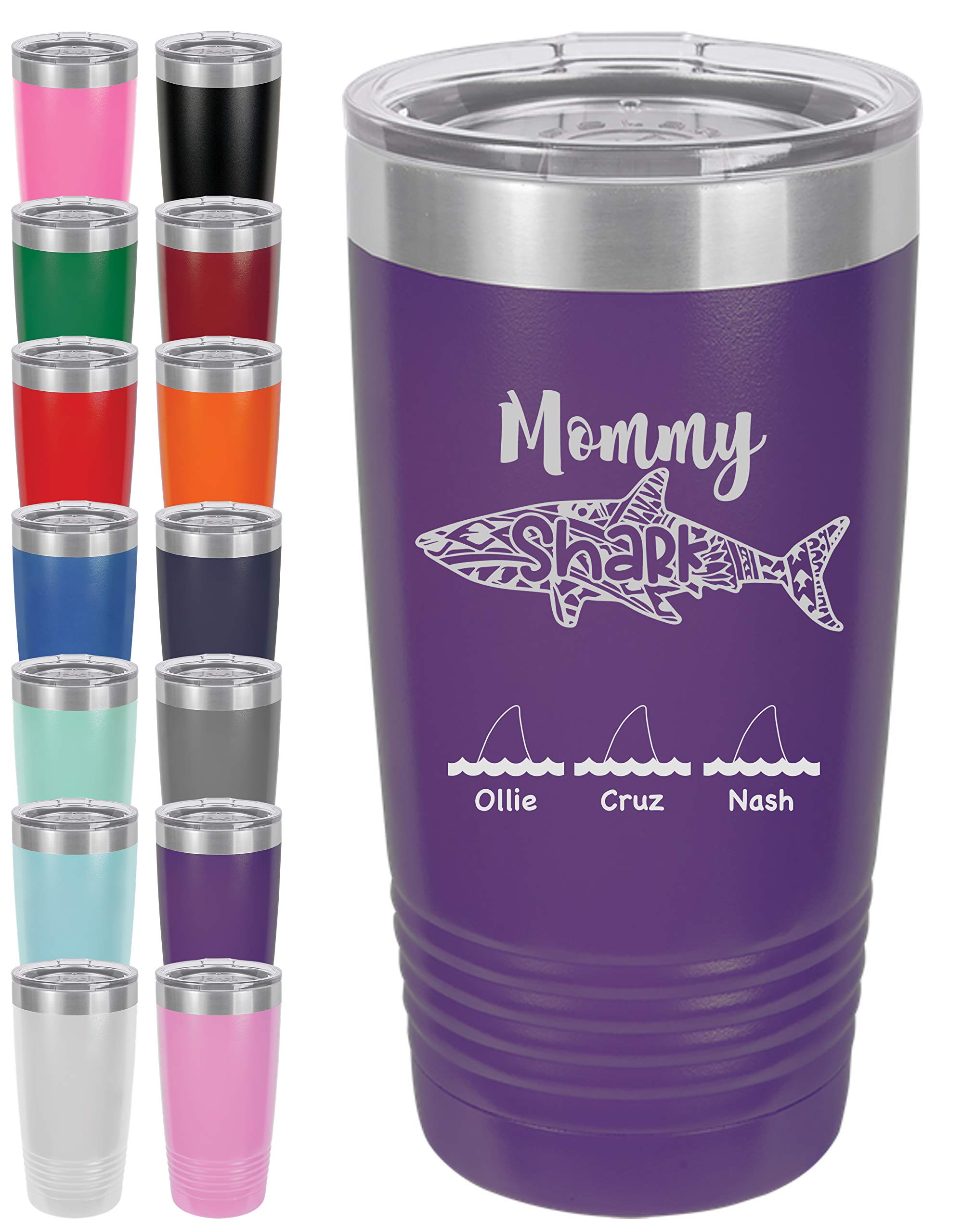 Personalized Mommy Shark 20oz Double Wall Vacuum Insulated Stainless Steel Tumbler with Lid & Straw - Crimson - Perfect for Moms, Birthday Gifts & Outdoor Activities