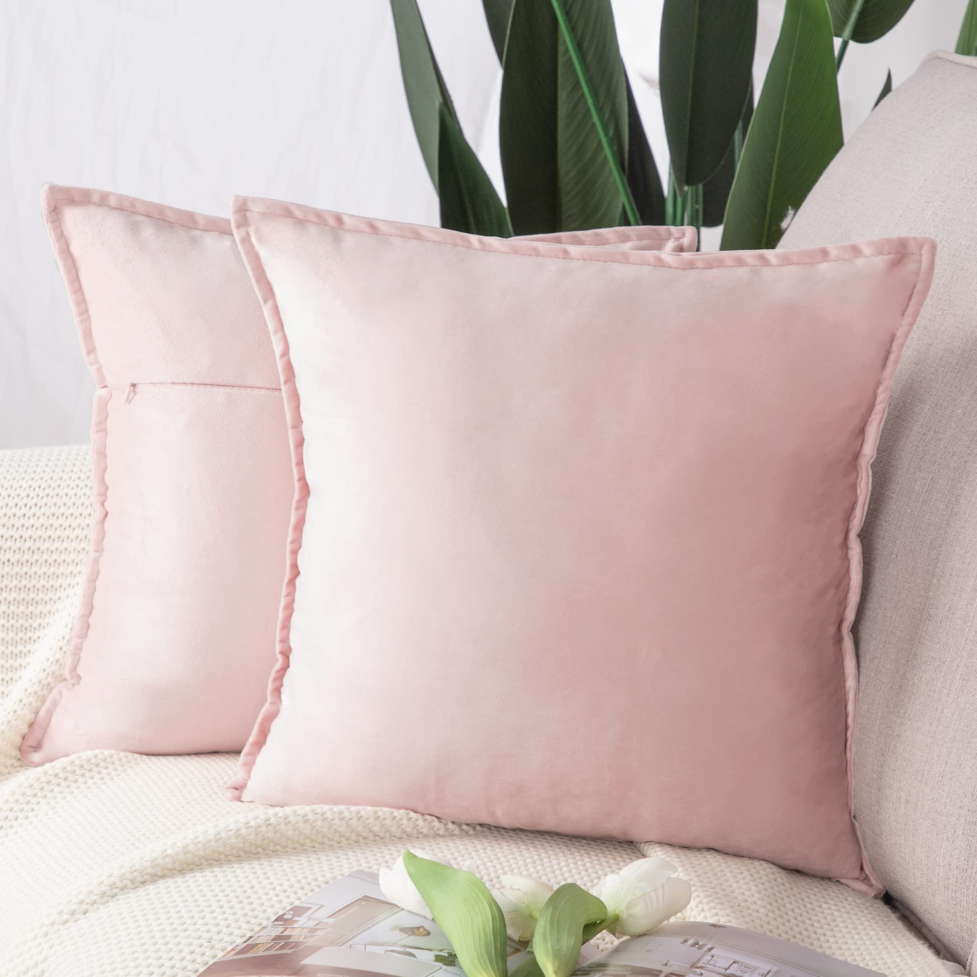 MADIZZ 2 Pack Super Soft Velvet Decorative Throw Pillow Covers 26x26 Inch - Light Pink Square Pillow Cases with Fringe for Sofa, Bed, Living Room - Luxury European Style Cushion Shells for Home Decor & Cozy Comfort