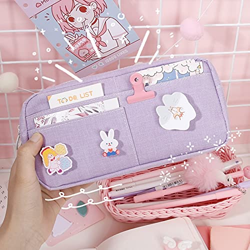 Cute Large Canvas Pencil Case for School - Kawaii Stationery Organizer & Makeup Pouch for Girls, Kids Gift with Badge (Green) - Perfect for School Supplies, Art Storage & Travel Essentials