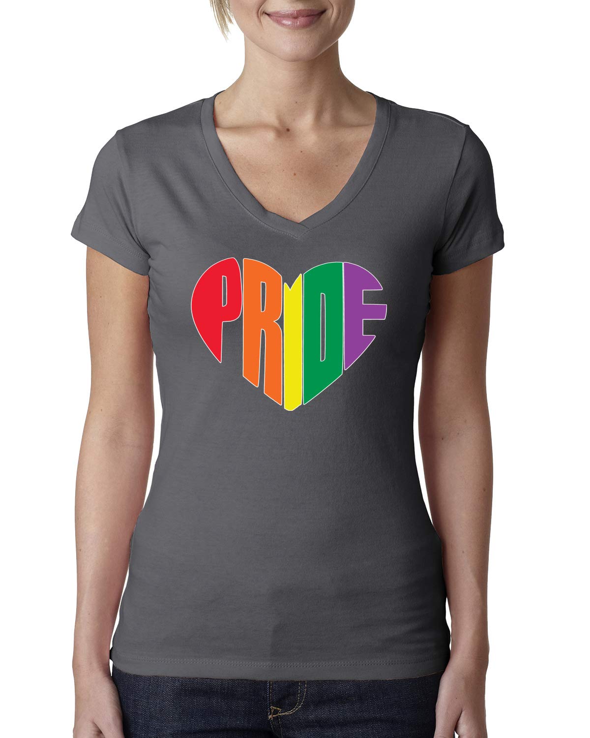 Rainbow LGBTQ+ Pride Heart V-Neck T-Shirt for Women - Junior Fit Cotton Tee - Perfect for Pride Parades, LGBTQ+ Events & Everyday Wear