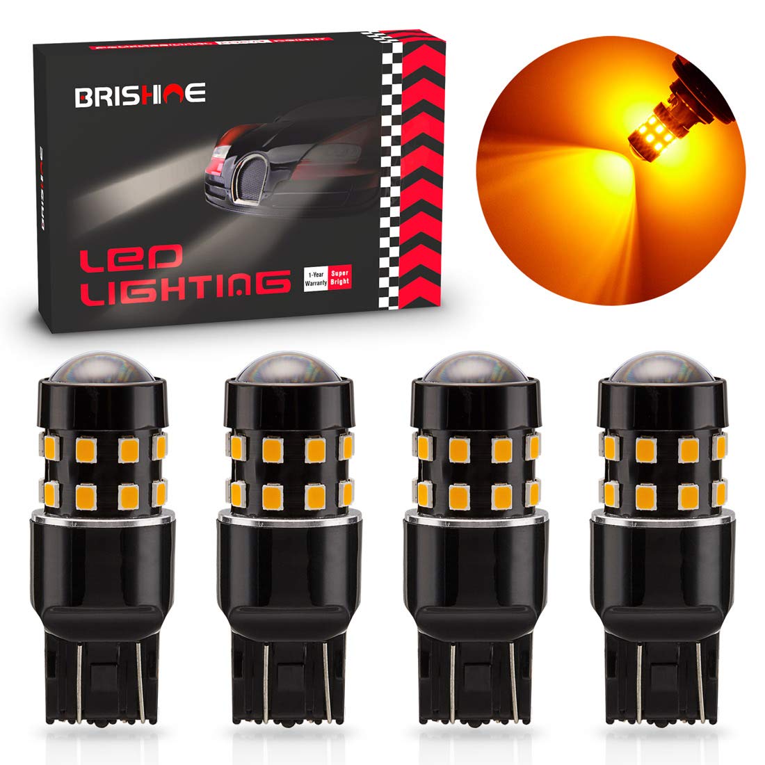 4-Pack Super Bright 7443 7440 992 T20 7444NA LED Bulbs - Amber Yellow 9-30V Non-Polarity 24-SMD LED Chipsets with Projector for Turn Signal & Side Marker Lights - Perfect for Cars, Trucks, SUVs & Motorcycles