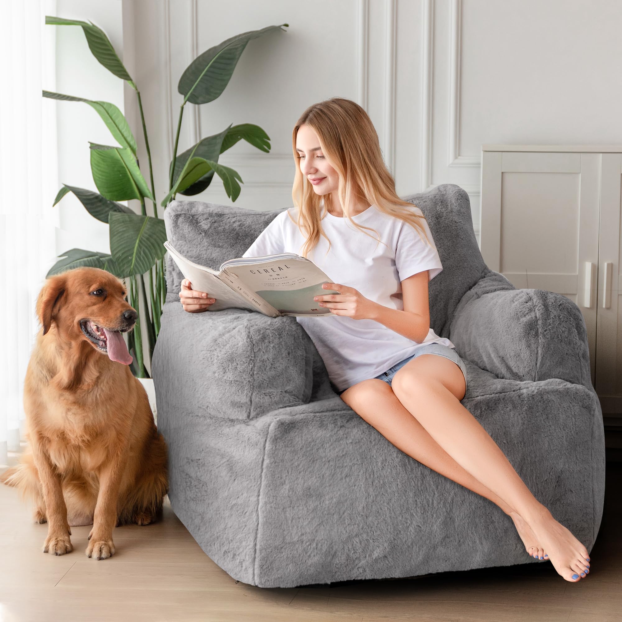 MAXYOYO Giant Bean Bag Chair - Ultra Soft Faux Fur Oversized Bean Bag Couch for Adults & Teens, Grey - Perfect for Living Room Lounging, Gaming & Movie Nights
