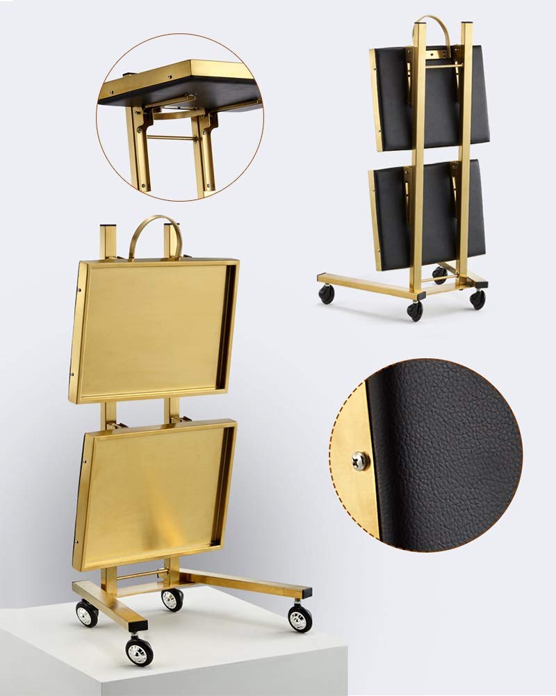 Stainless Steel 2-Tier Collapsible Utility Cart with Wheels - Gold Salon Storage Stand for Tattoo Shop, Beauty Salon & Home Organization | Heavy Duty & Portable Trolley Tray for Supplies & Tools