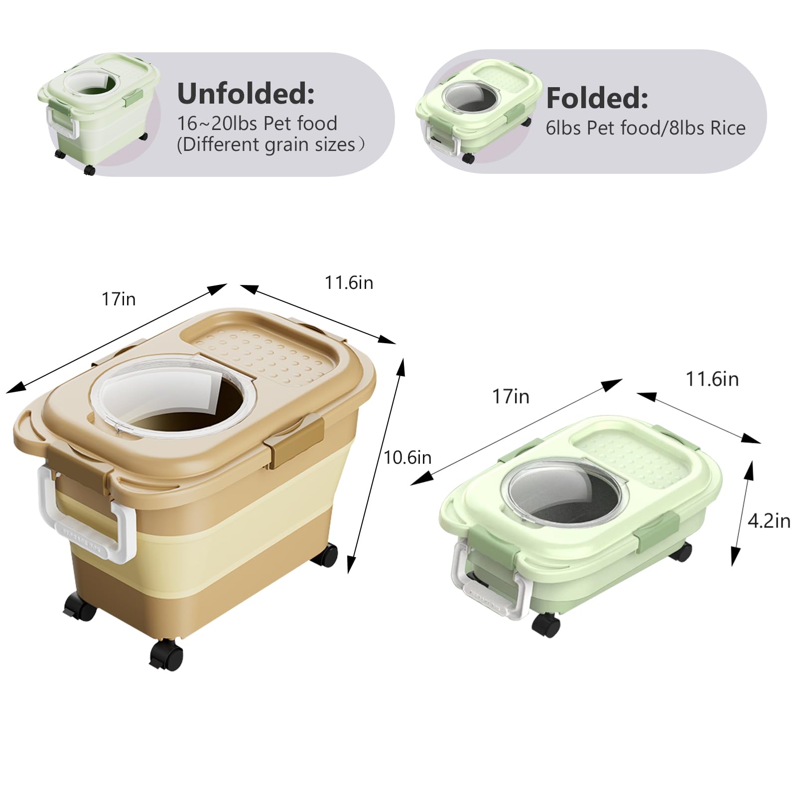 2-Pack Collapsible Dog Food Storage Container 18LB - Travel Silicone Bowl & Scoop Included - Airtight Pet Food Bin for Dogs, Cats, Birds & Litter - Keep Dry Food Fresh - Portable Design for Home & Travel (Green + Brown) - Perfect for Kitchen Storage, Camping & Road Trips