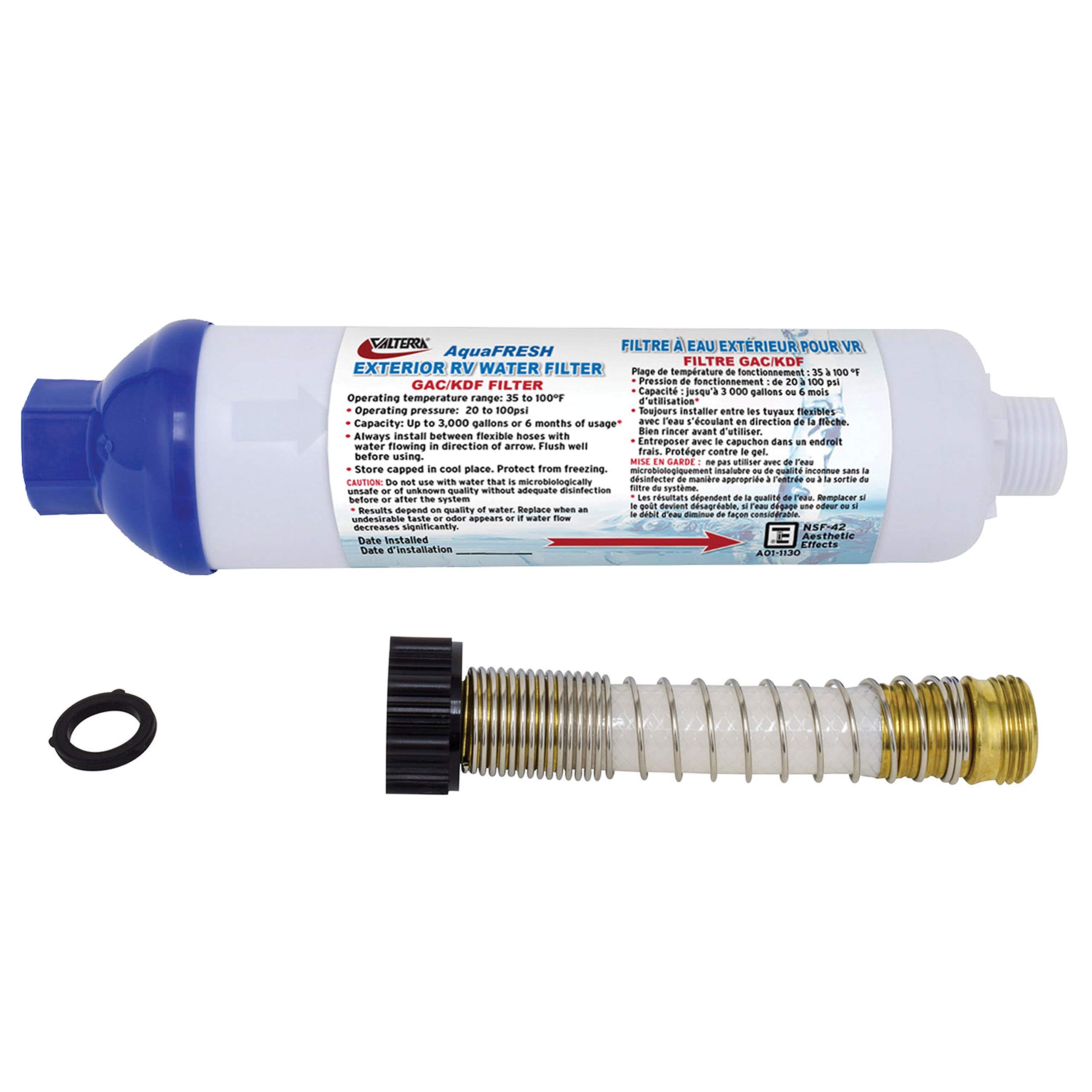 Valterra A01-1131VP AquaFRESH RV Water Filter Kit - Exterior Water Filtration System with Hose Connections & Hose Saver | Perfect for RV Camping, Boondocking & Outdoor Adventures