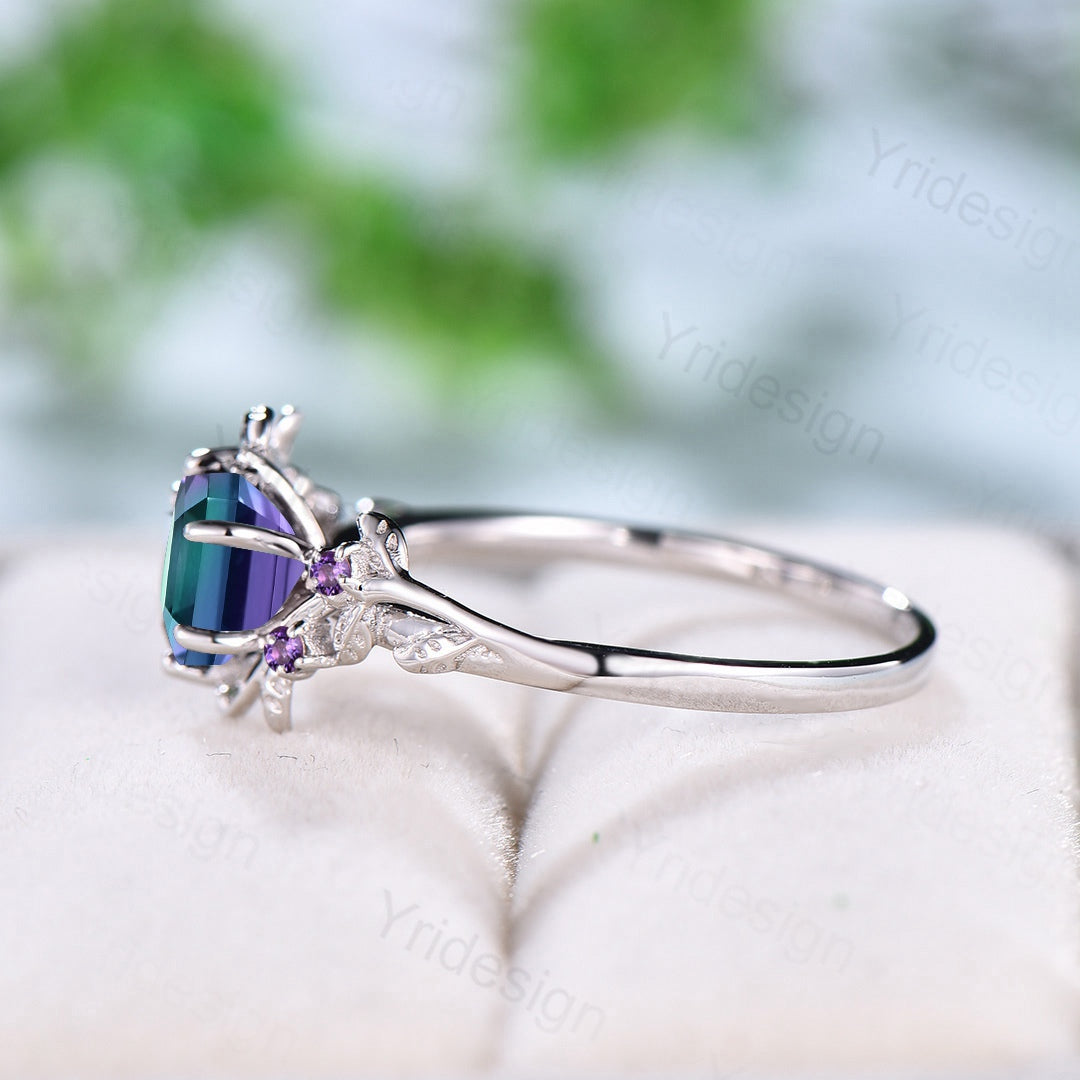 Vintage Hexagon Alexandrite and Amethyst Engagement Ring - Unique 6-Prong Bridal Ring for Women with Leaf Vine Design | Perfect for Promise Rings, Weddings & Special Occasions