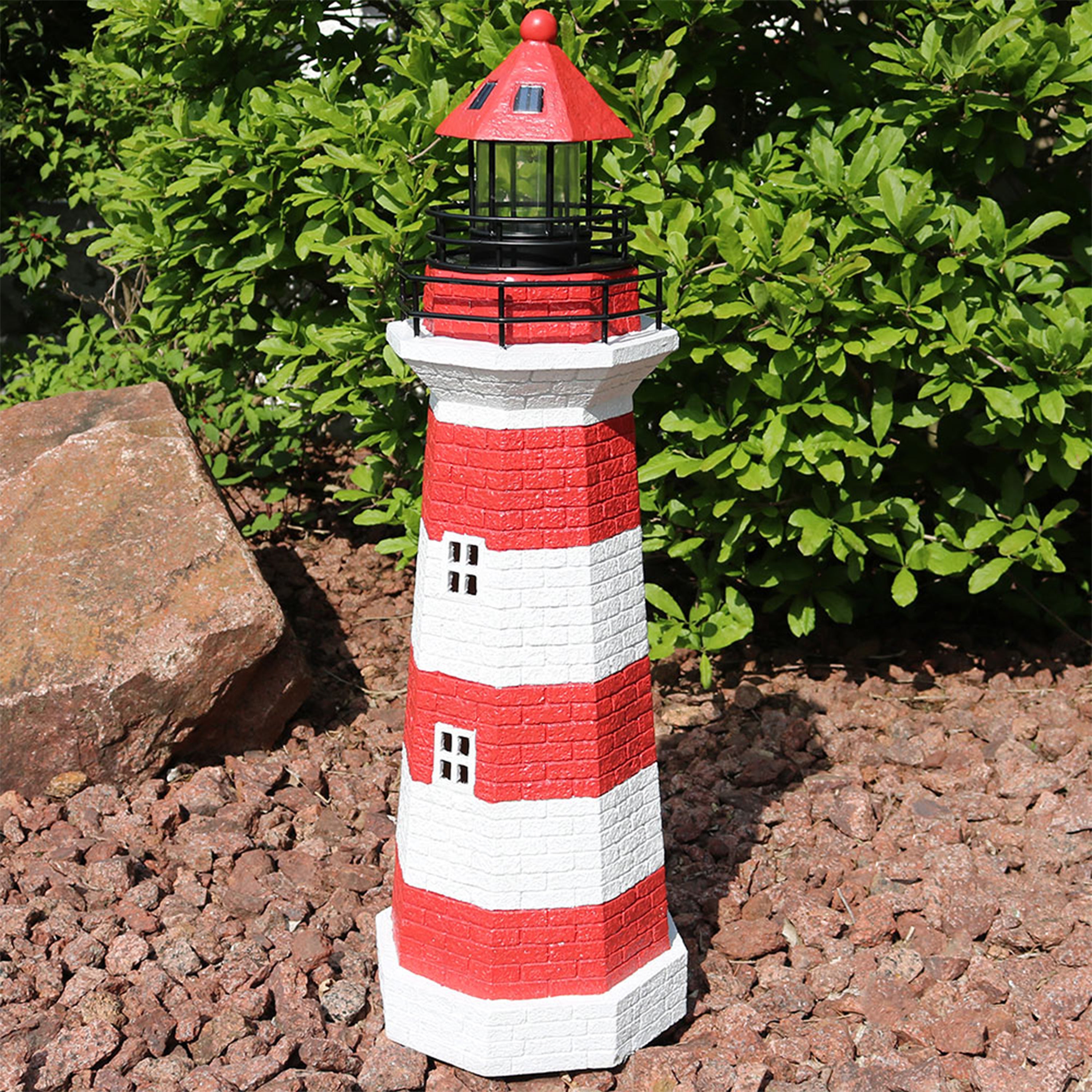 Sunnydaze Solar Powered LED Striped Lighthouse Outdoor Decor - 36 Inch Weatherproof Garden Light for Patio, Yard, and Landscape Decoration