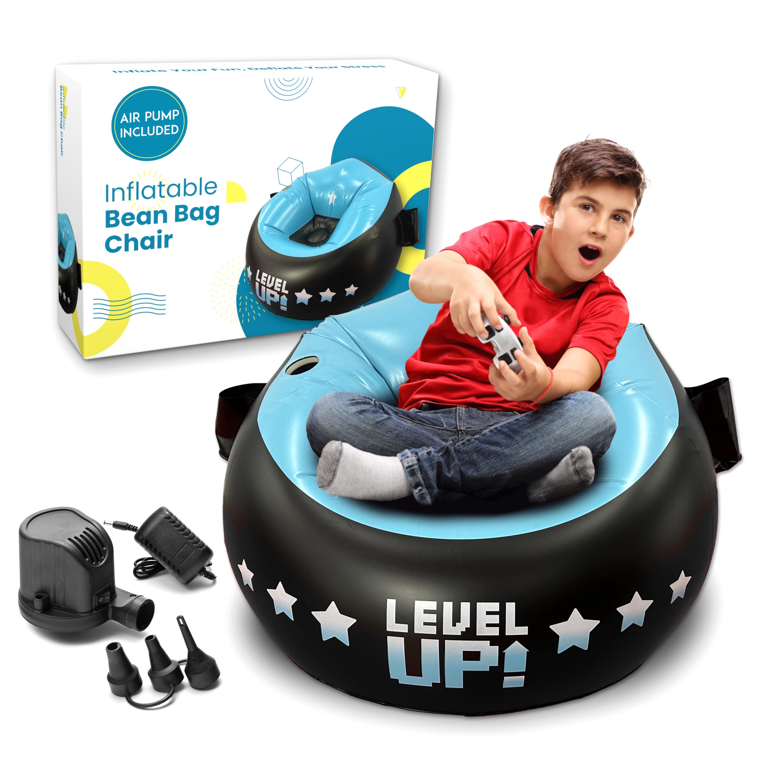 Inflatable Gaming Chair for Kids with Air Pump - 2-in-1 Bean Bag Chair for Boys & Girls Ages 8-12 - Portable Video Game Chair for Bedroom, Living Room & Outdoor Play