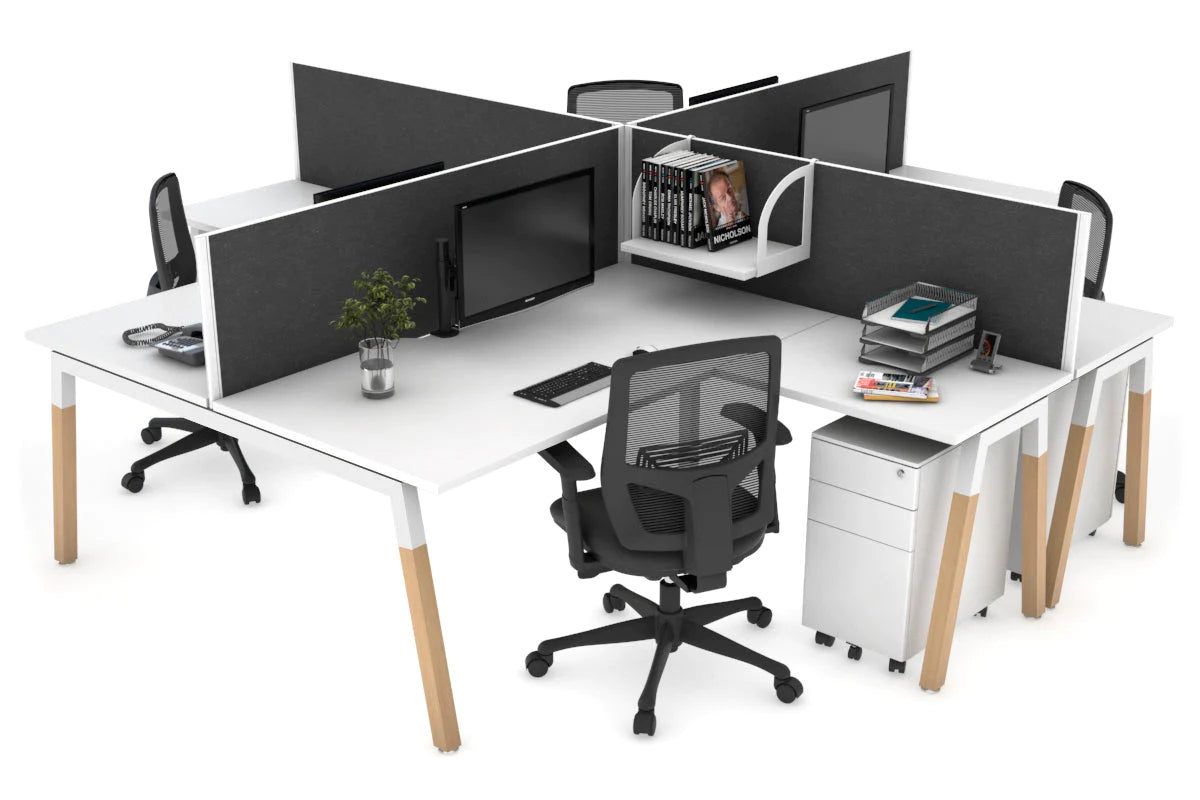 Quadro Wood A Legs Cross Beam 4-Person Corner Workstation Desk - 1600L x 1800W with Cable Management Scallop - Perfect for Office, Home Workspace & Collaborative Environments