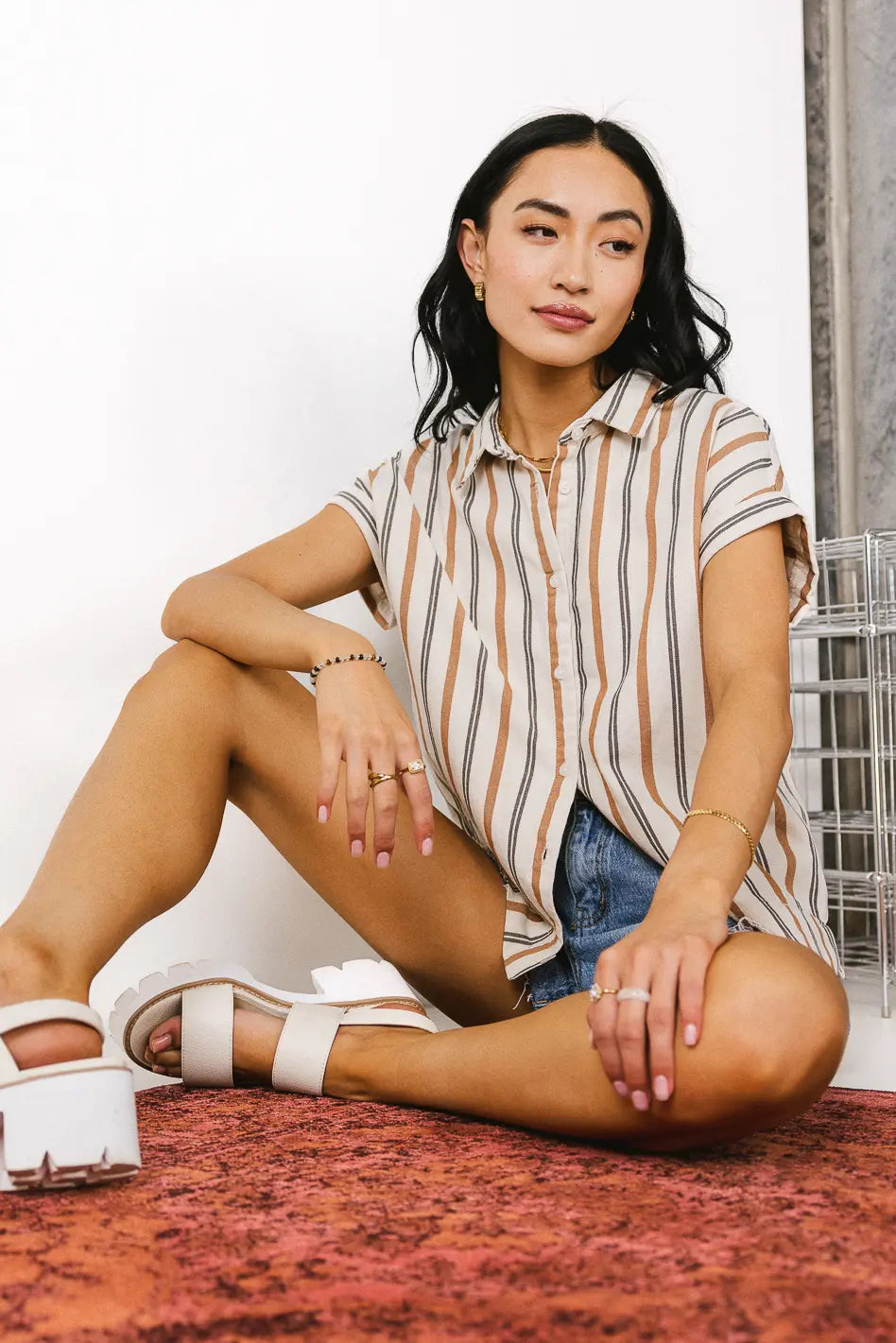 Gabby Striped Button Up Shirt for Women in Tan | Casual & Office Wear | Final Sale
