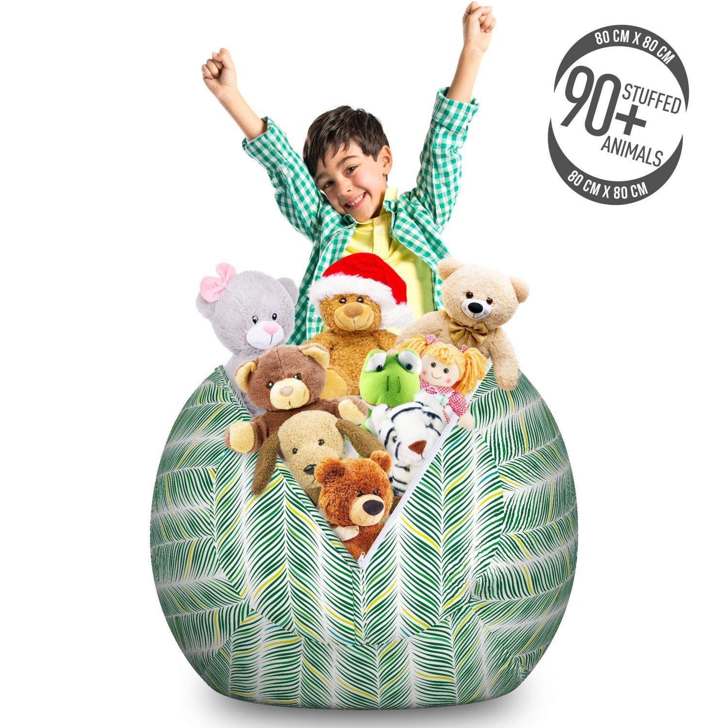 Ambesonne Jungle Leaves Pattern Storage Toy Bag Chair - Large Washable Stuffed Animal Organizer with Swift Stripes Design in Sea Green & Cream | Perfect for Kids' Room, Playroom & Nursery Organization