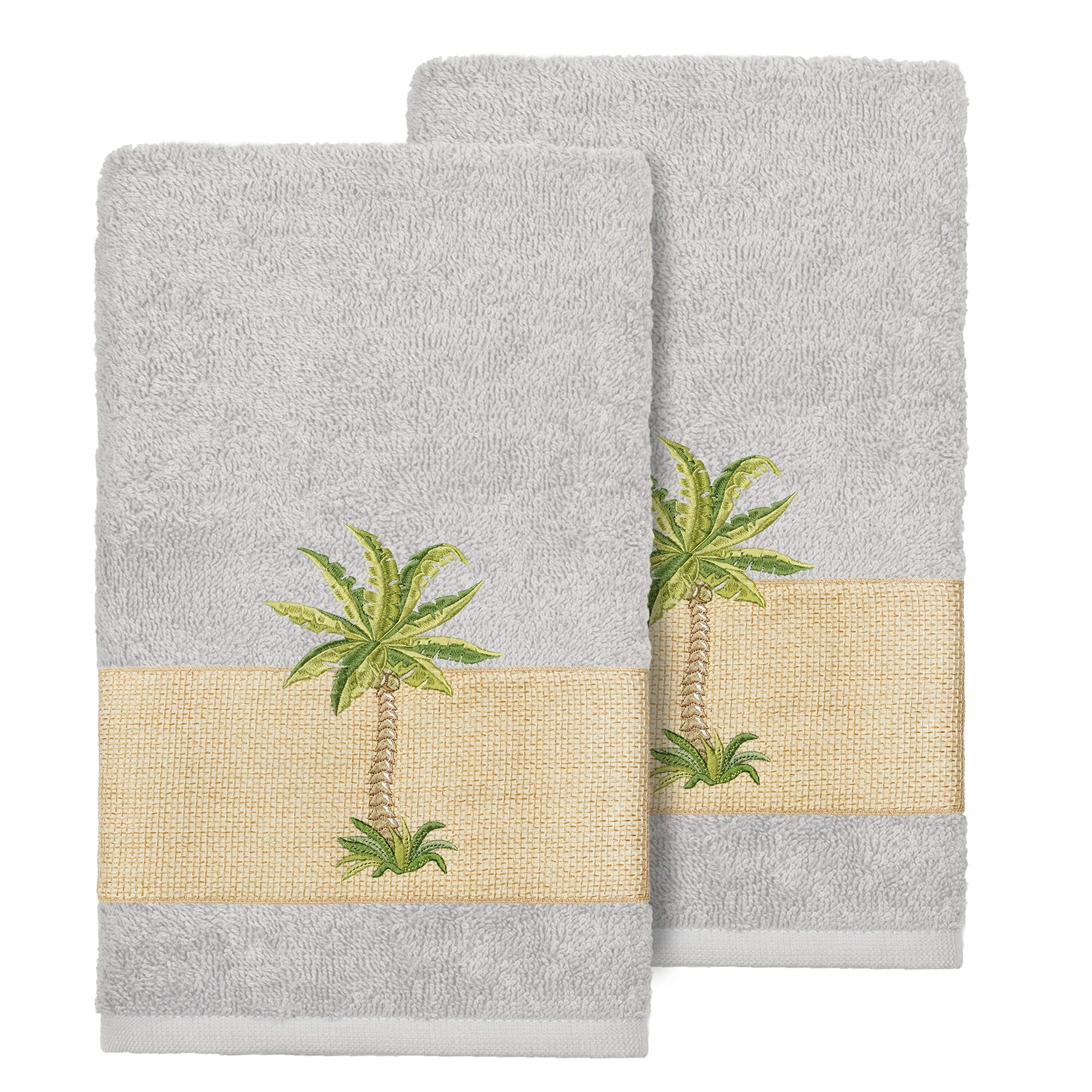 Premium Turkish Cotton Hand Towels Set of 2 - Soft Absorbent Palm Tree Embroidered Grey Bath Towels for Kitchen, Bathroom & Spa Luxury