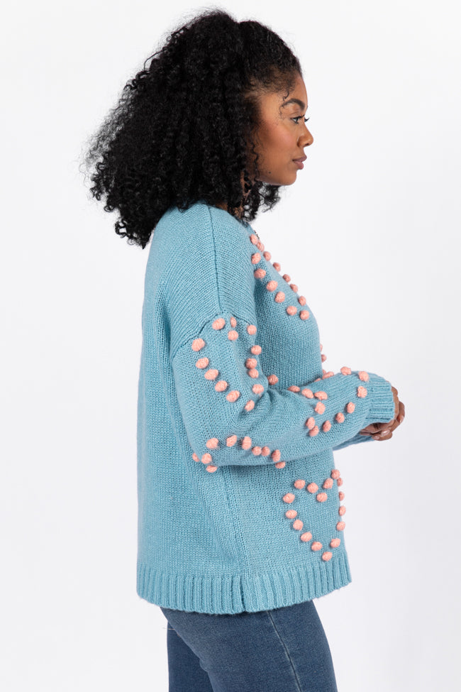 Adorable Blue and Pink Oversized Heart Pom Sweater for Women - Cozy Knit Pullover with Heart Design - Perfect for Valentine's Day, Christmas Gifts & Casual Winter Outfits