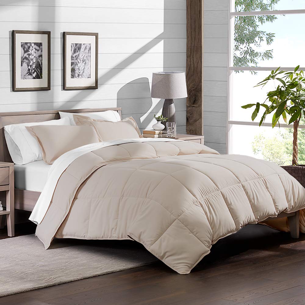 Premium Organic Cotton 5-Piece Comforter Set - Full/Queen Size 500 GSM Quilted Duvet Insert with 4 Pillow Shams | Hypoallergenic Down Alternative Lightweight Bedding in Ivory | Perfect for All-Season Comfort in Master Bedroom, Guest Room & Dorm