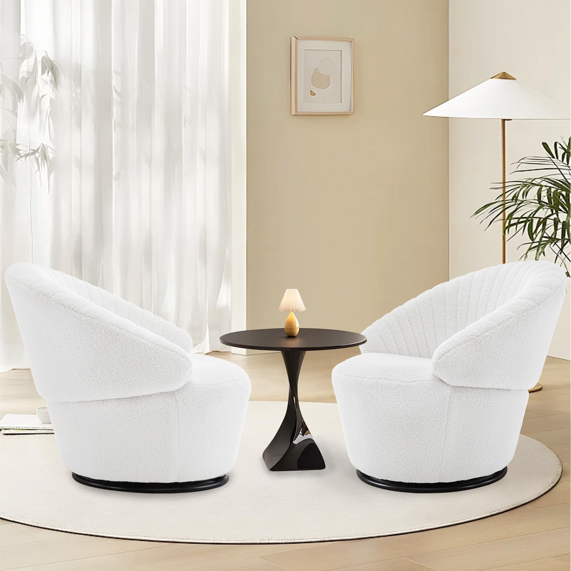 360-Degree Swivel Accent Chair Set of 2 - Mid Century Modern Upholstered Barrel Chairs with Teddy Fabric for Living Room, Bedroom & Office - White - Perfect for Lounge, Reading Nook or Conversation Area