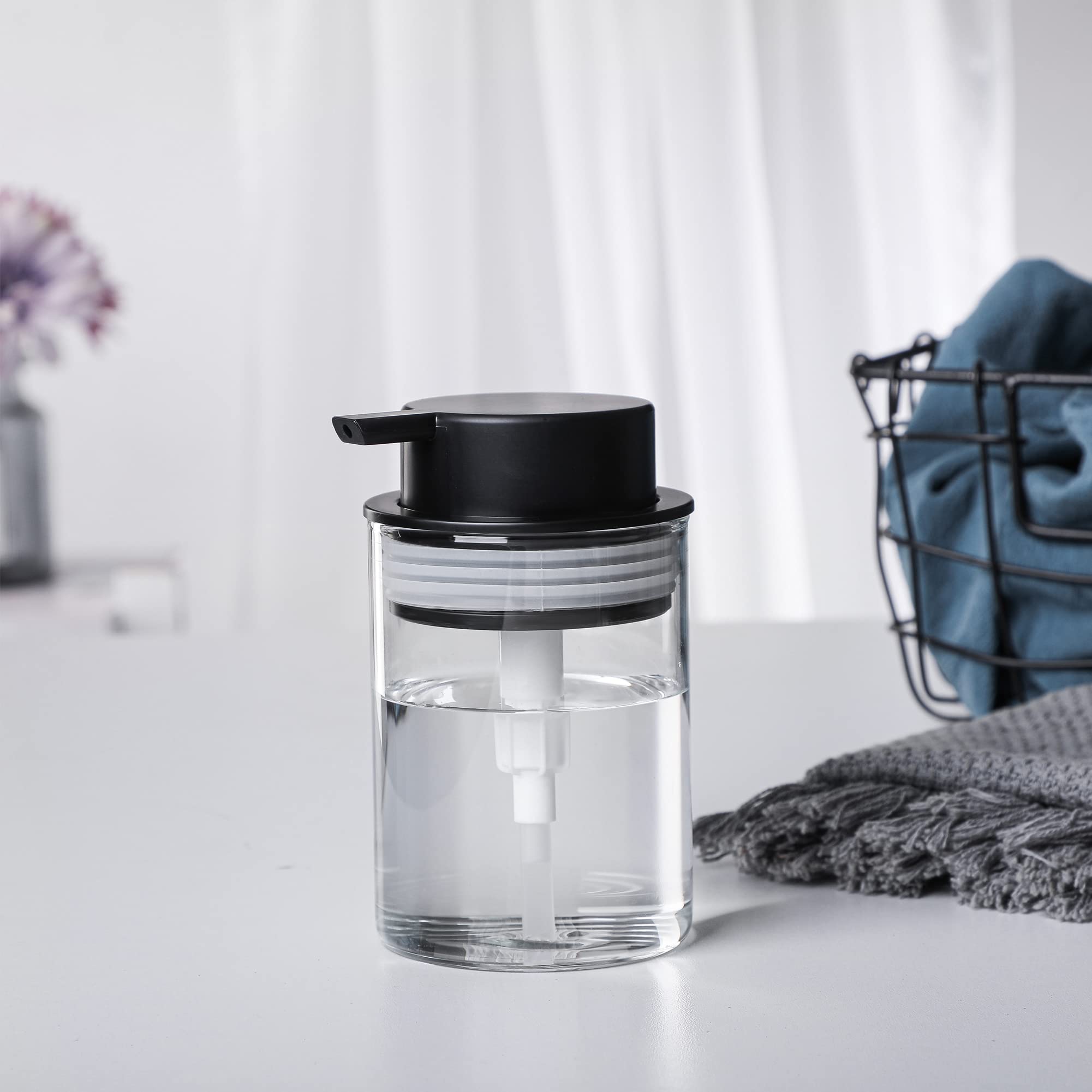 10 Oz Clear Glass Dish Soap Dispenser with Rust-Proof Plastic Pump - Refillable Round Hand Lotion Bottle for Kitchen Sink, Bathroom Counter & Vanity Organization