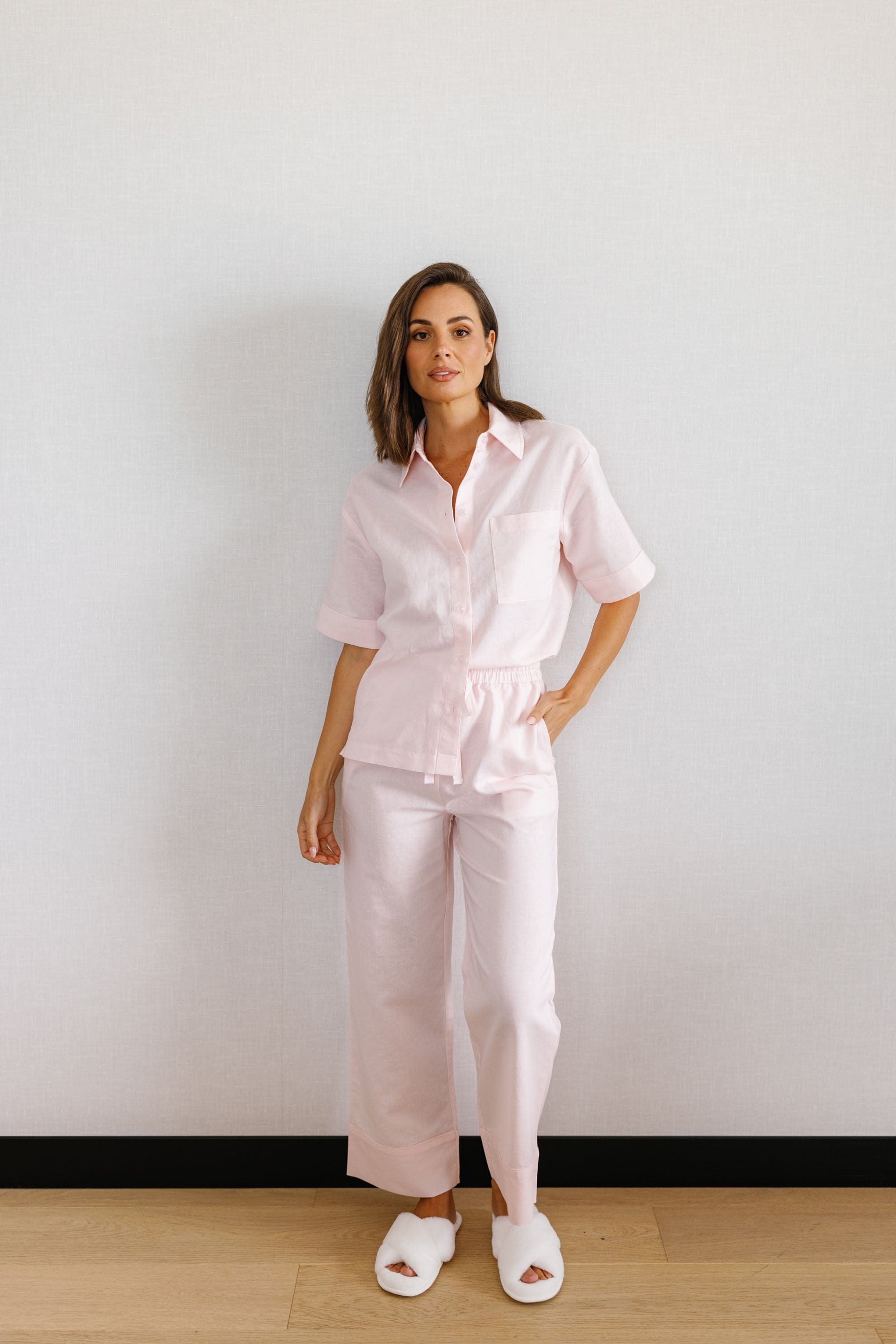 Portia Linen Bridesmaid Pajamas Set - Soft Pink Long Sleeve Sleepwear for Women - Perfect for Bachelorette Parties, Bridal Showers & Cozy Nights