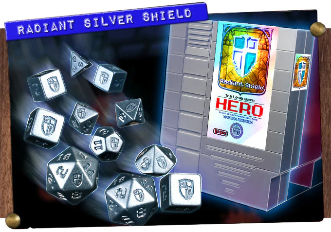 1UP Dice Polyhedral Set: Radiant Shield Silver Edition - 7-Piece RPG Dice for Dungeons & Dragons, Pathfinder, MTG - Perfect for Tabletop Gaming, Collectors & Gift Giving