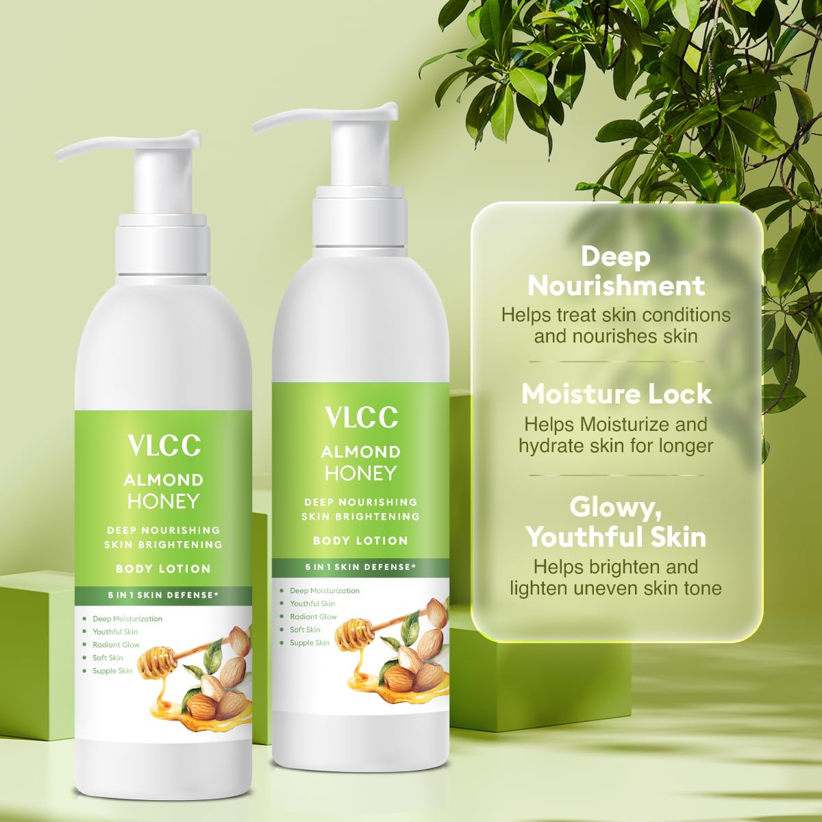 VLCC Almond Honey Deep Nourishing & Skin Brightening Body Lotion - 350ml x 2 | Moisturizing Cream with Almond Oil, Honey, Cocoa Butter & Aloe Vera | For Dry Skin, Dull Skin & Anti-Aging | Daily Hydration for Soft, Glowing & Youthful Skin | Perfect for Winter Care & Nighttime Moisturizing