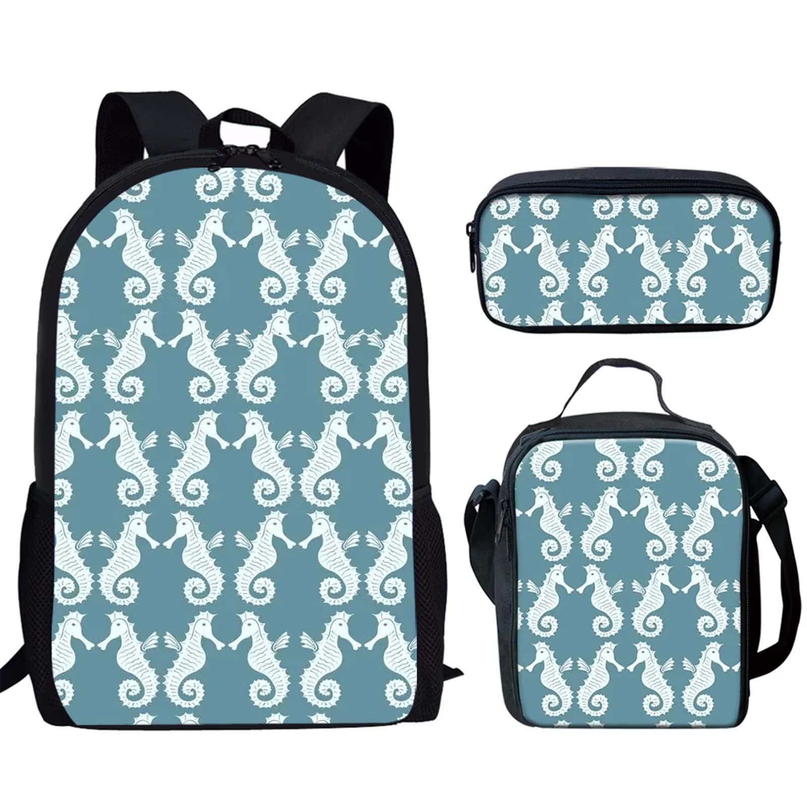 GLENLCWE Seahorse Print Kids Backpack Set - Cute Underwater Animal Design School Backpack with Matching Lunch Bag & Pencil Case (3-in-1) - Perfect for School, Travel & Outdoor Adventures