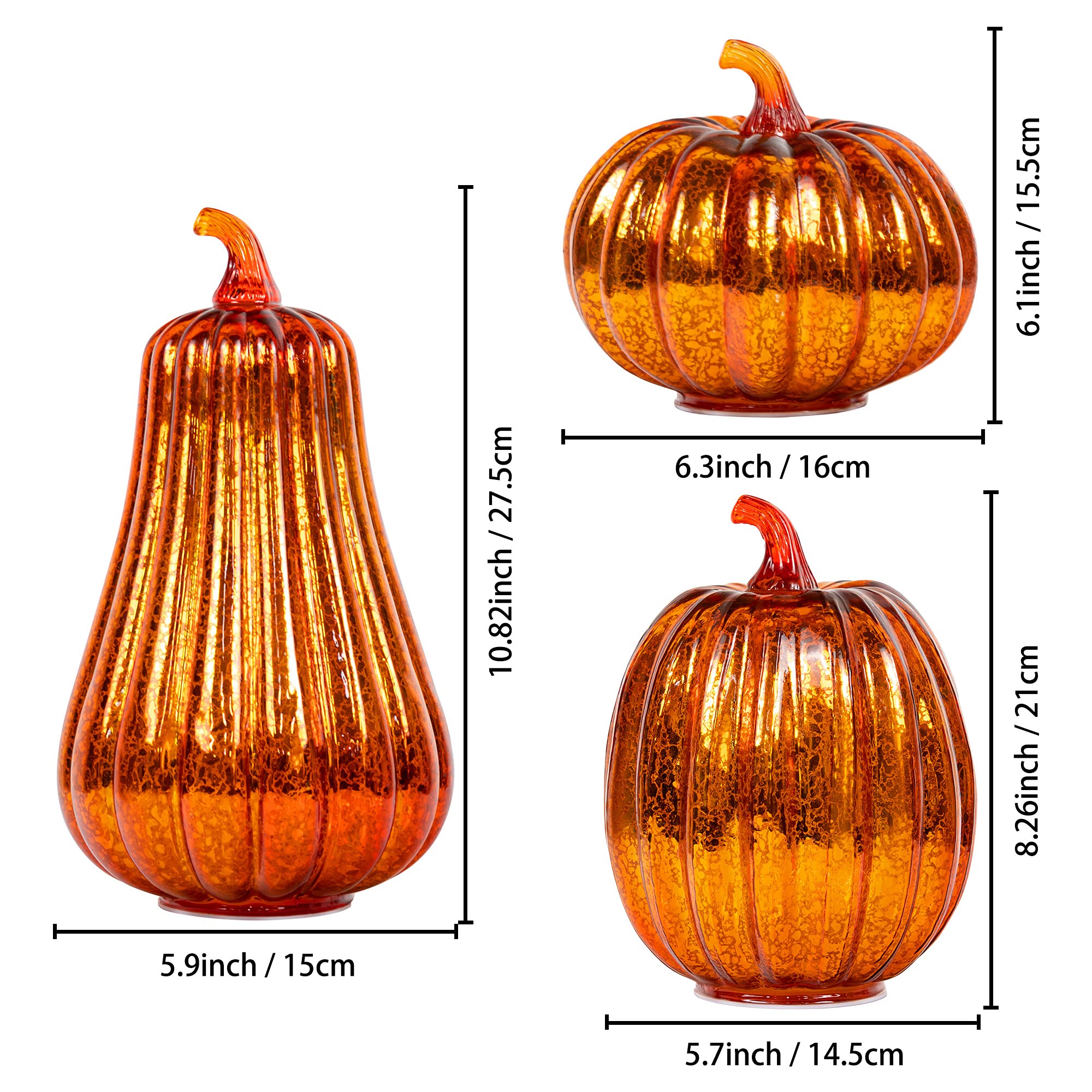KI Store Set of 3 Battery Operated Glass Pumpkin Lights with Timer - Mercury Glass Halloween Decorations for Fall, Thanksgiving, Home & Party Decor | Indoor & Outdoor Use