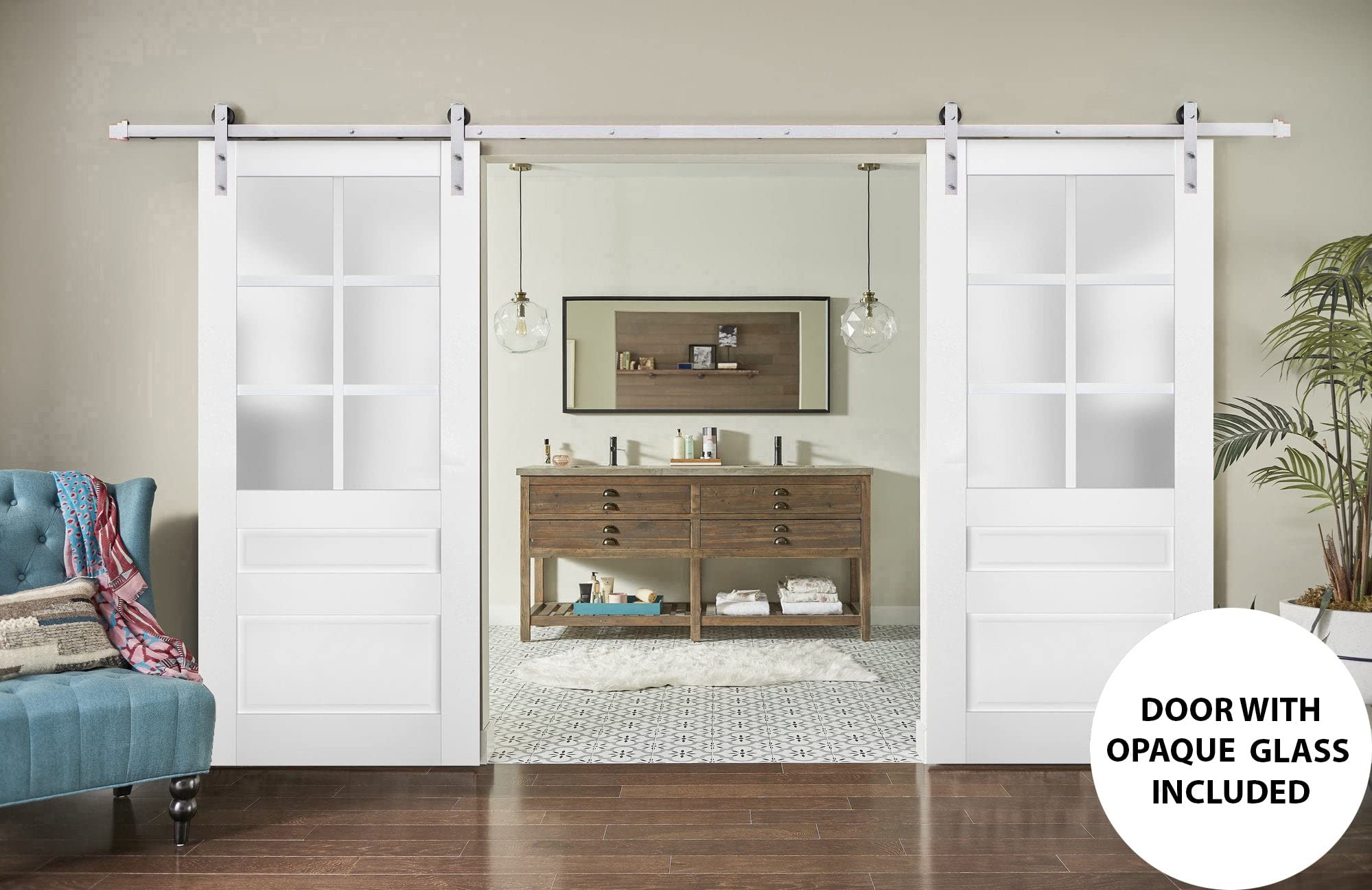 Sturdy 60x84 Inch Double Barn Doors with Frosted Glass - White Silk Finish & Stainless Steel 13ft Rail Hangers | Solid Panel Interior Doors for Home, Office, or Farmhouse Style Décor
