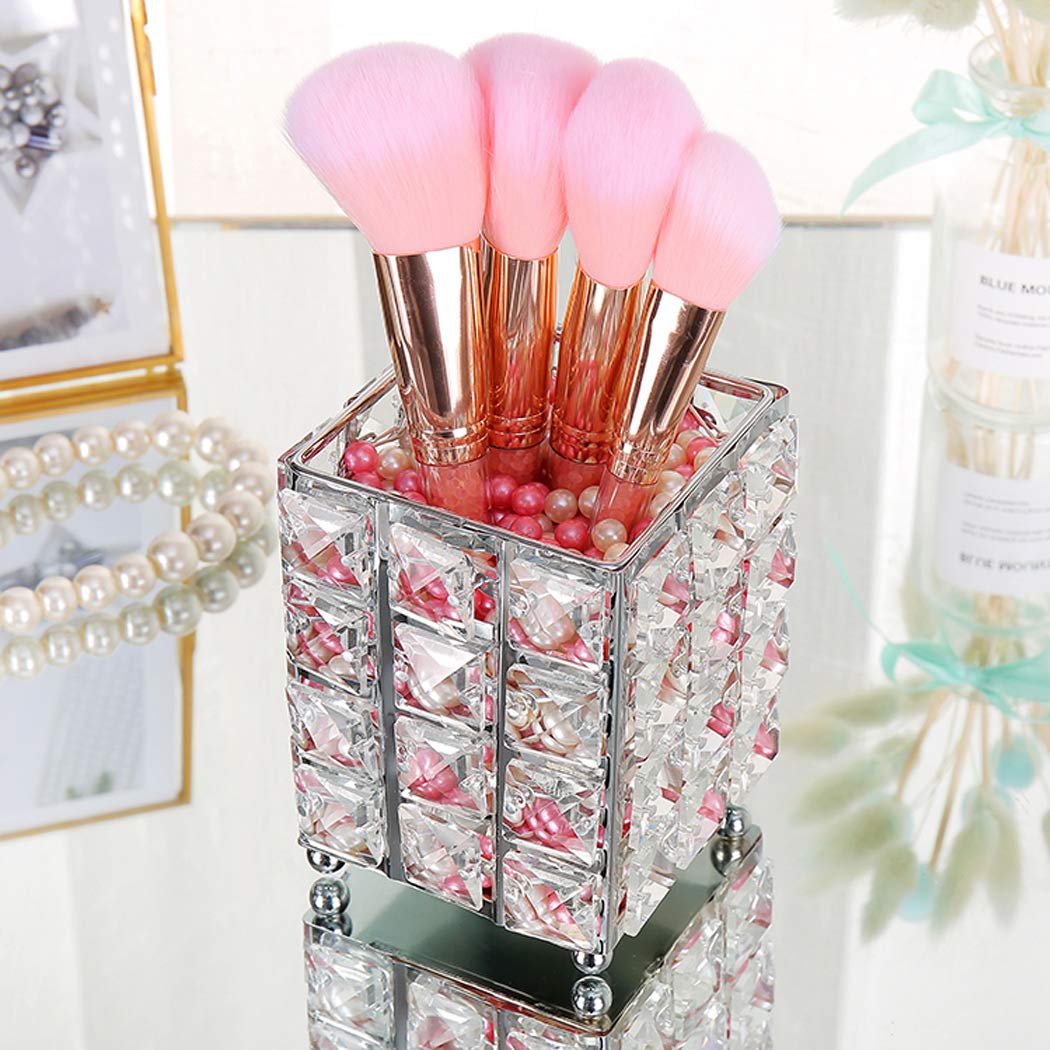 Premium Handcrafted Crystal Makeup Brush Holder & Pen Organizer - Square Silver Cosmetic Storage for Vanity, Bathroom, Office Desk | Perfect for Eyebrow Pencils, Lipsticks & Beauty Tools | Elegant Desk Decor & Gift Idea