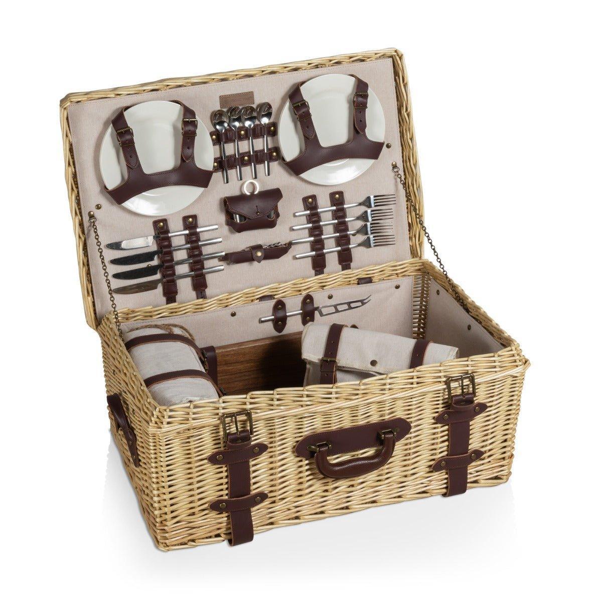 Beige & White Gingham Lined Wicker Picnic Basket for 4 People - Vintage Style Insulated Lunch Hamper with Removable Liner - Perfect for Outdoor Dining, Beach Picnics & Romantic Getaways