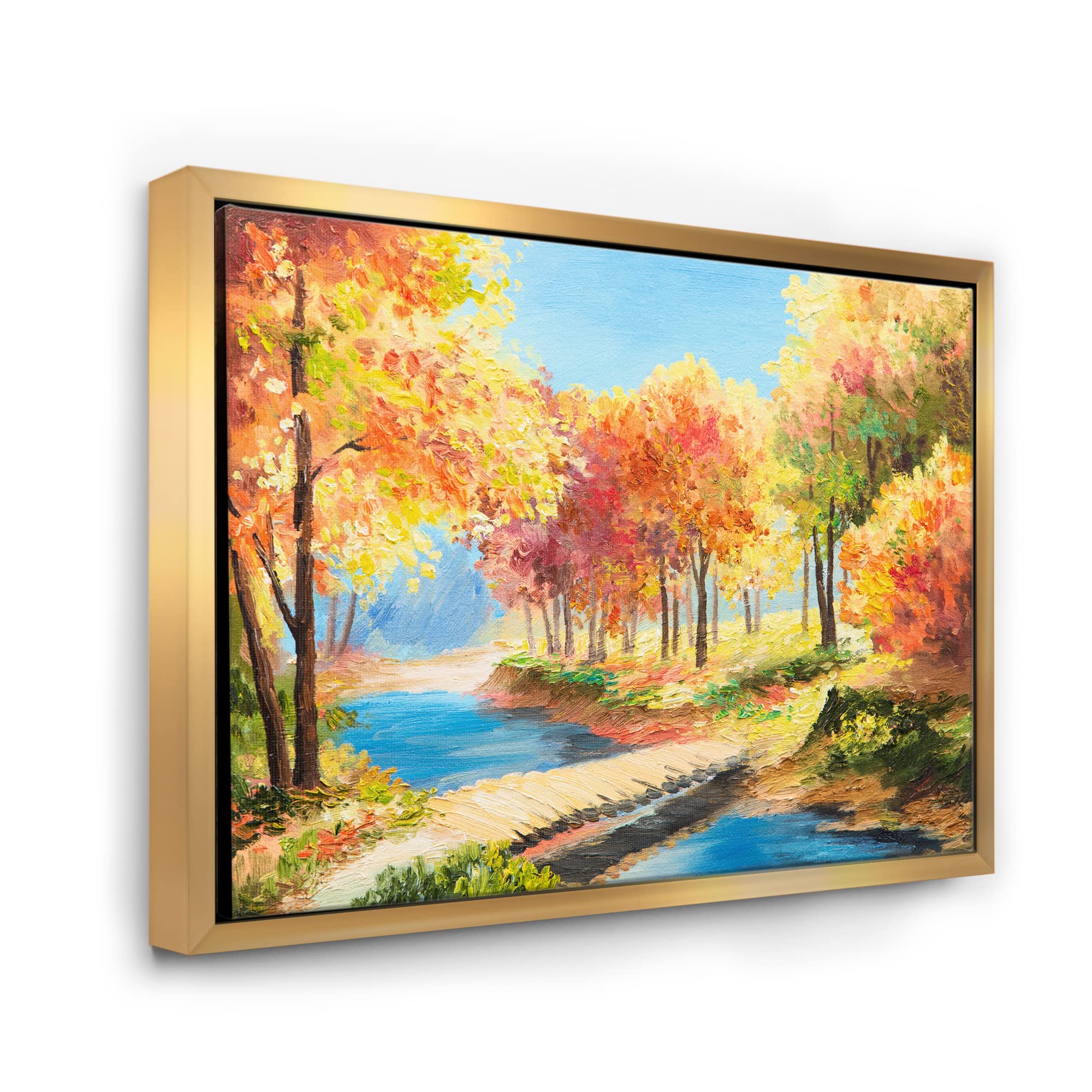 DesignQ Yellow and Orange Trees By The Riverside - Lake House Framed Canvas Wall Art Print for Living Room, Bedroom & Office Decor - Nature Landscape Painting for Home Interior Design