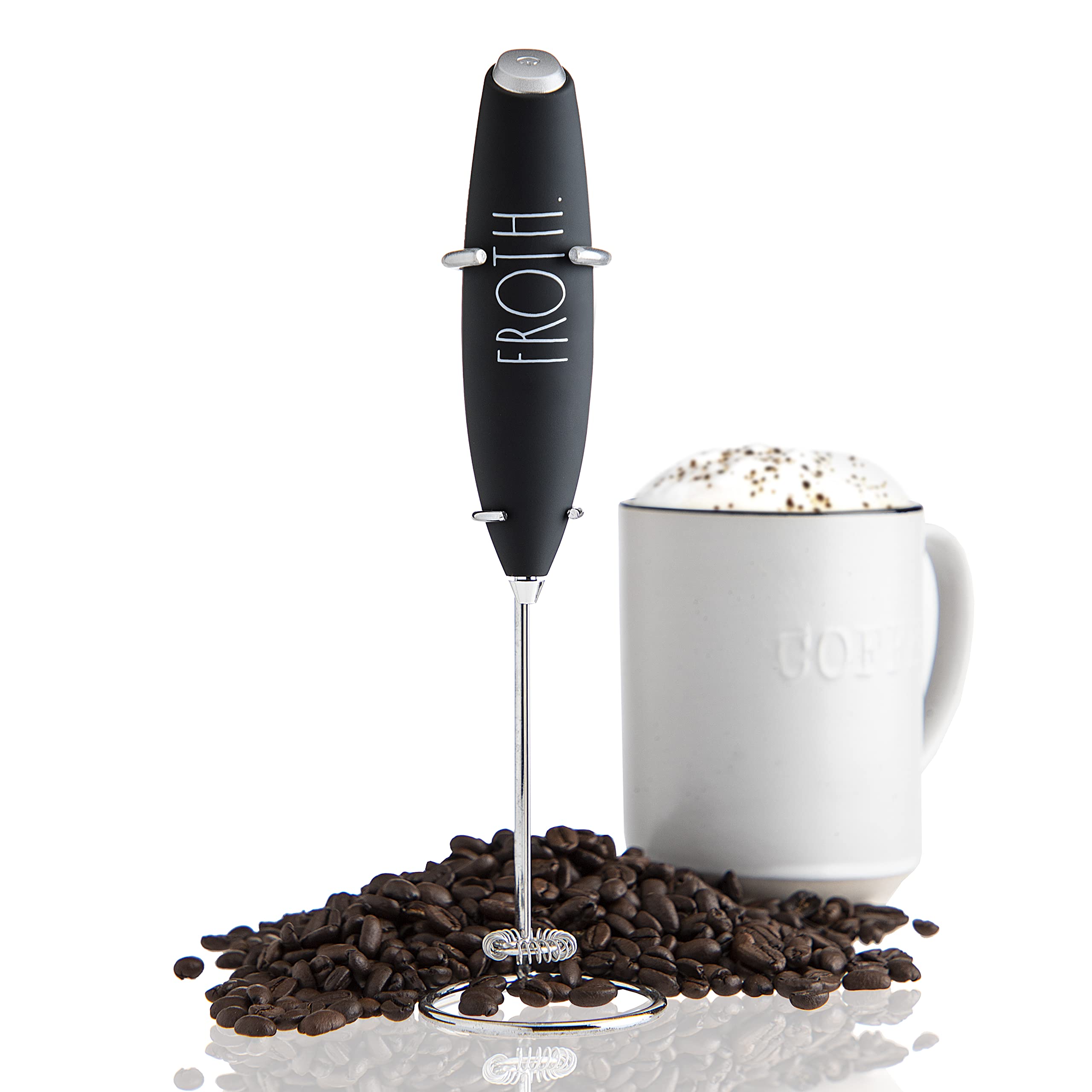 Rae Dunn Electric Milk Frother - Handheld Drink Mixer for Coffee, Latte, Cappuccino & Hot Chocolate | Battery Operated Mini Whisk | Perfect for Home, Office & Cafe Use (Black)