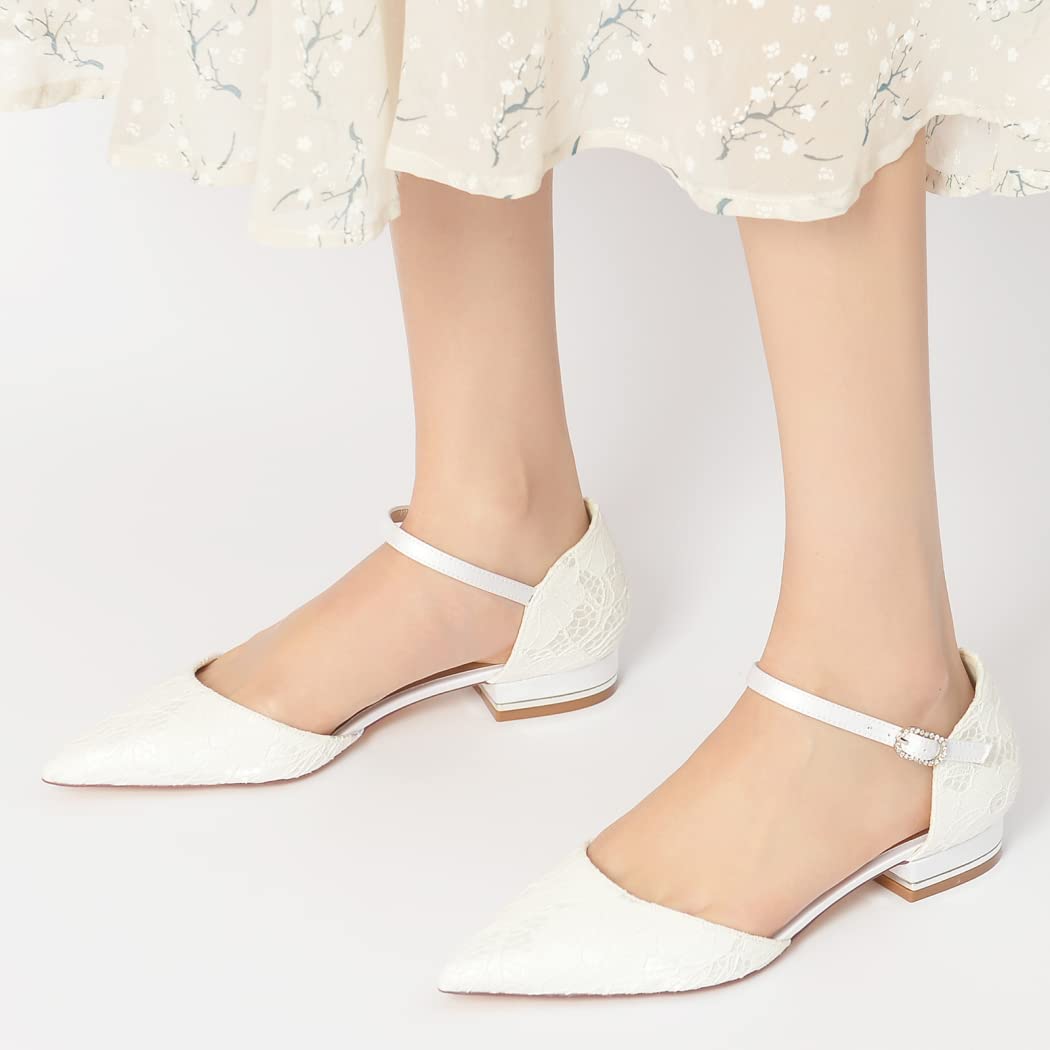 Elegant 2.5cm Women's Pointed Toe Satin Lace Ballet Flats with Ankle Strap Buckle - Comfortable Dressy Flats for Evening, Bridal, Party & Casual Wear - White Size 9.5 US - Perfect for Weddings, Proms, Dances & Office Outfits