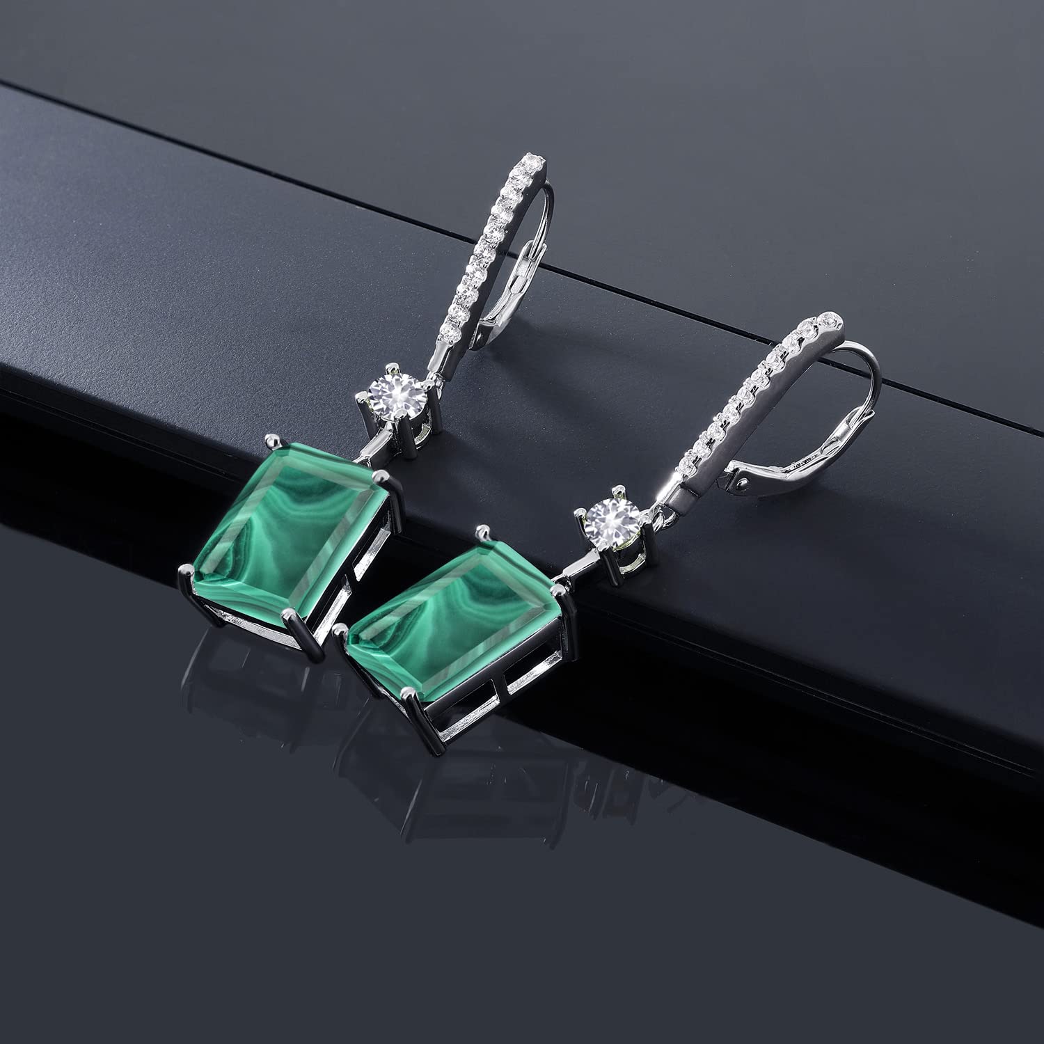 20.80 Ct Green Malachite & White Created Sapphire Sterling Silver Earrings - Gem Stone King | Elegant Dangle Earrings for Women, Perfect for Weddings, Parties & Special Occasions