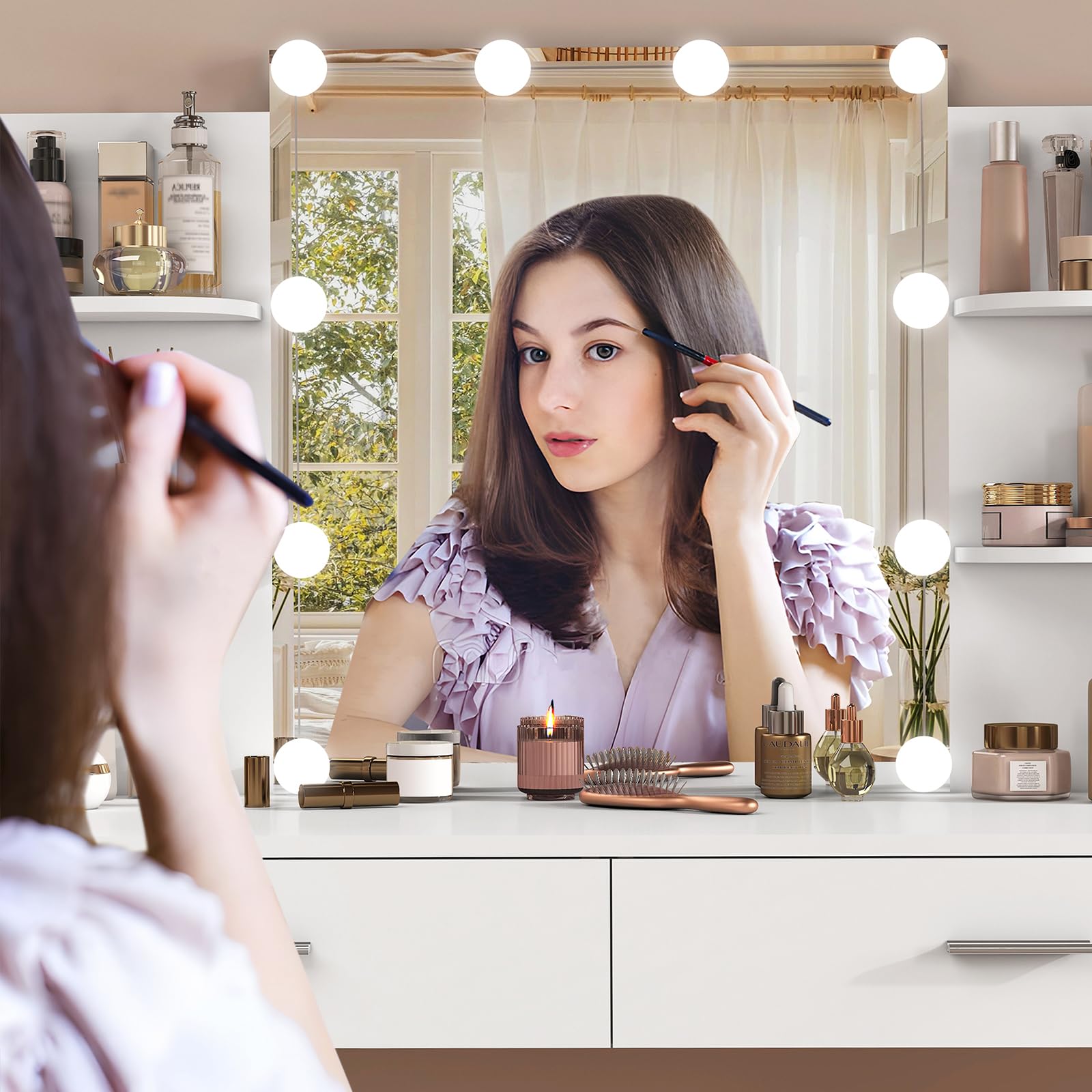 USIKEY White Makeup Vanity Set with LED Mirror & 10 Lights, 2 Drawers & Open Shelves - Dressing Table with Cushioned Stool for Bedroom, Bathroom & Beauty Salon | Perfect for Makeup Application & Skincare Routine