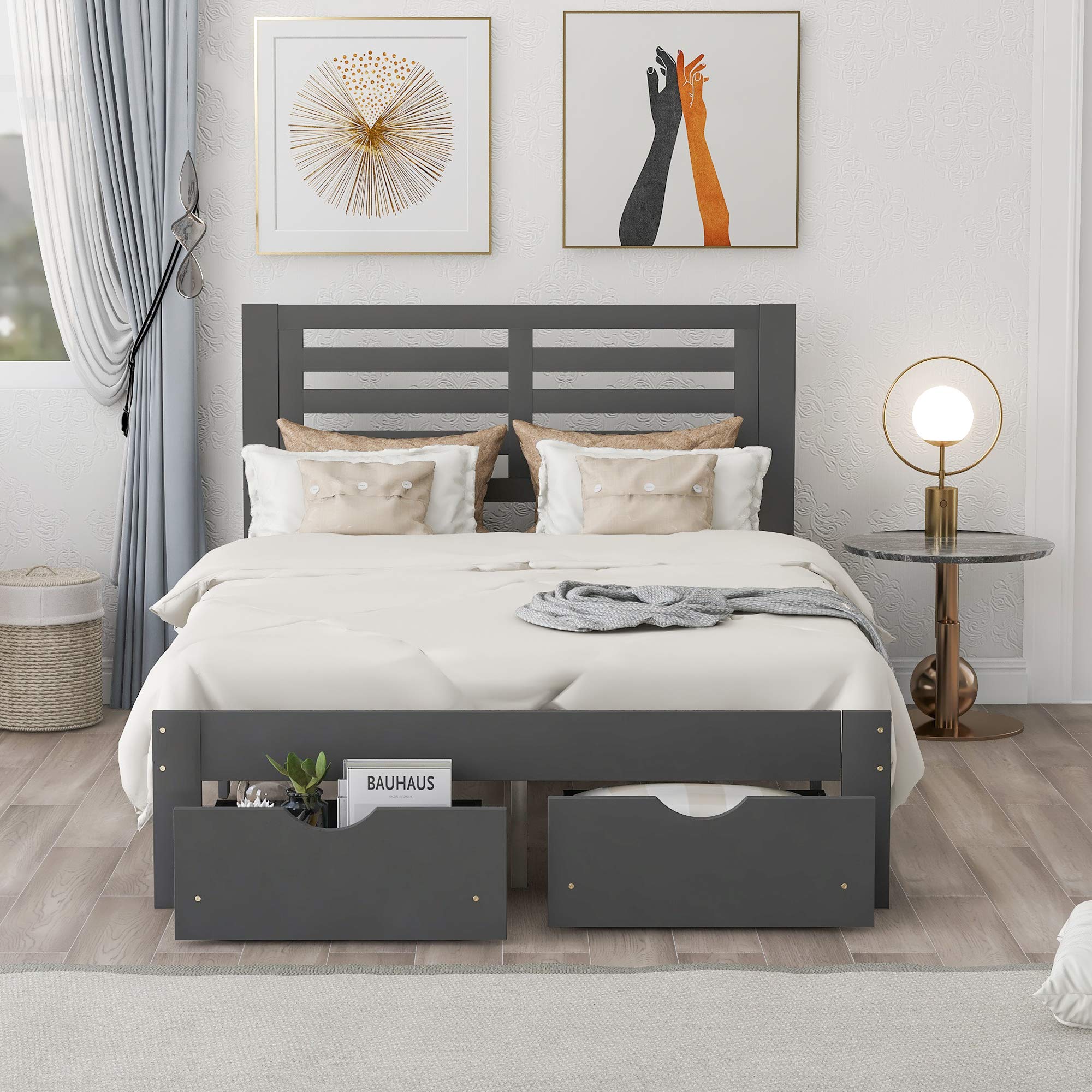 **Henf Full Size Platform Bed Frame with 2 Storage Drawers - Solid Wood Bed for Kids & Adults, No Box Spring Needed, Easy Assembly (Gray) - Perfect for Small Spaces, Guest Rooms & Modern Bedrooms**