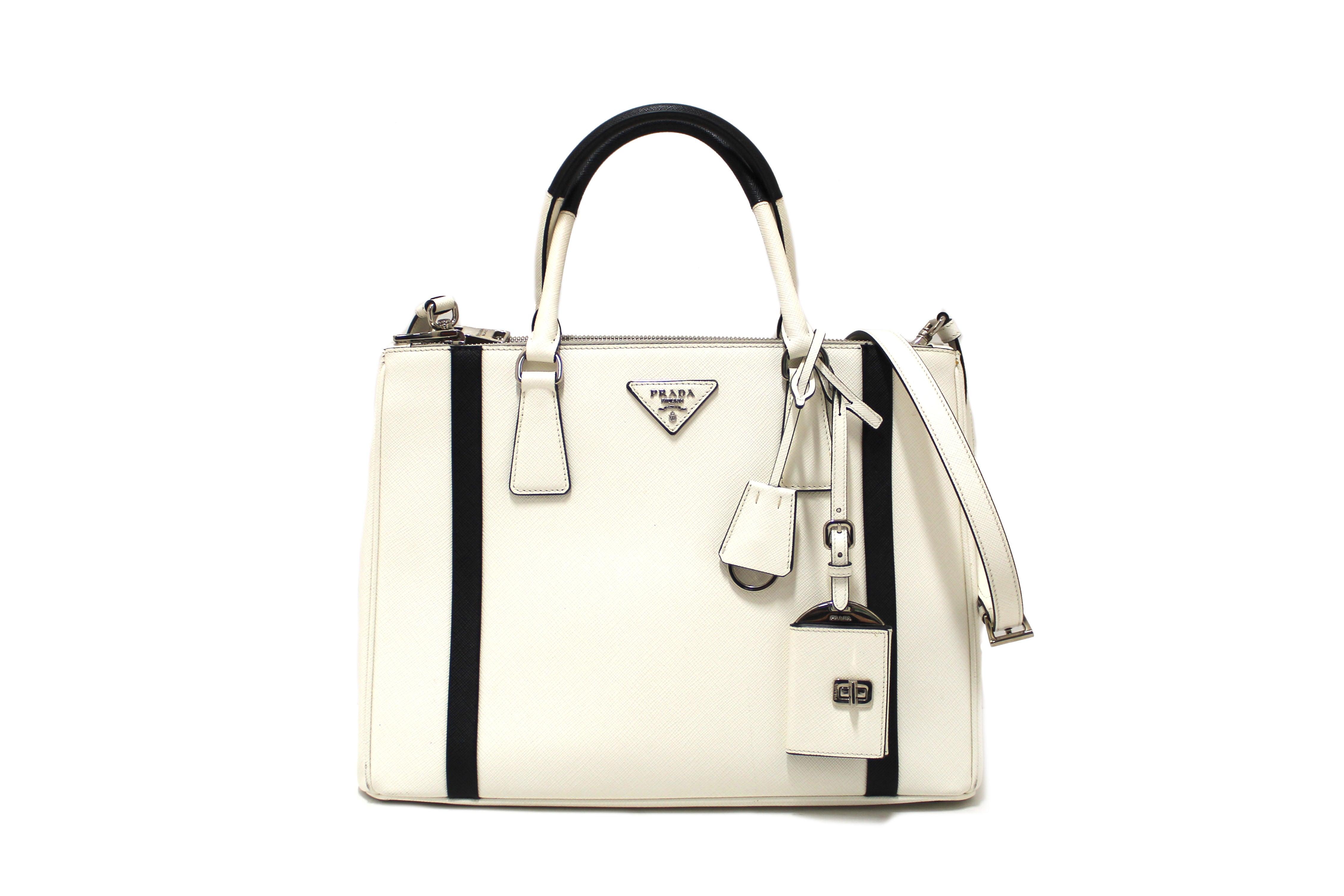 Authentic Prada White and Black Bi-Color Saffiano Leather Galleria Large Tote Bag - Luxury Designer Handbag for Women, Work, Travel & Everyday Use