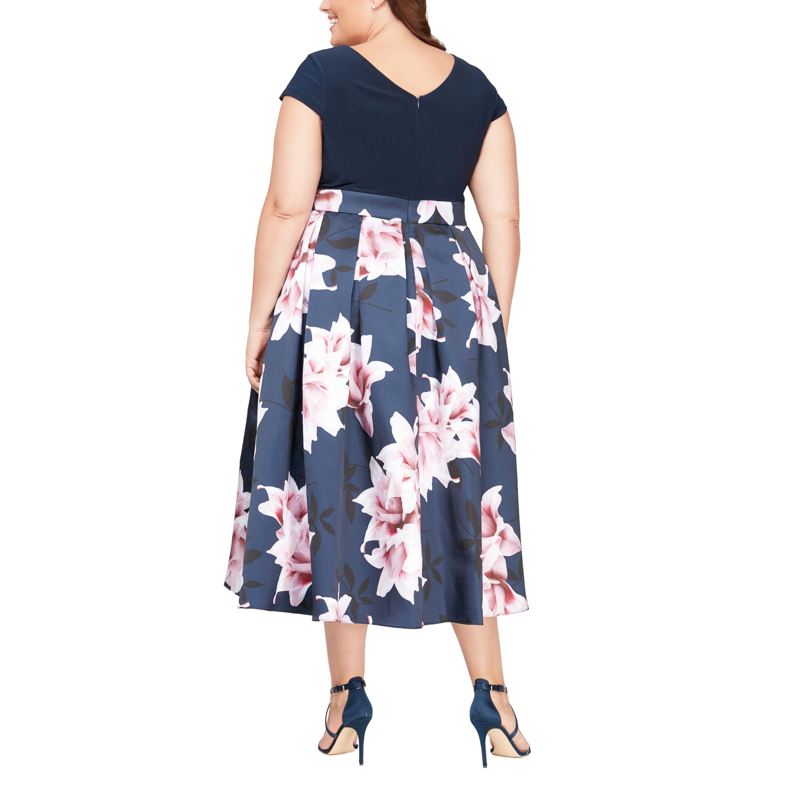 Plus Size Women's Tea Length Tuck Neck Fit & Flare Dress - Elegant Casual & Wedding Guest Dress for Women | Perfect for Office, Party & Special Occasions